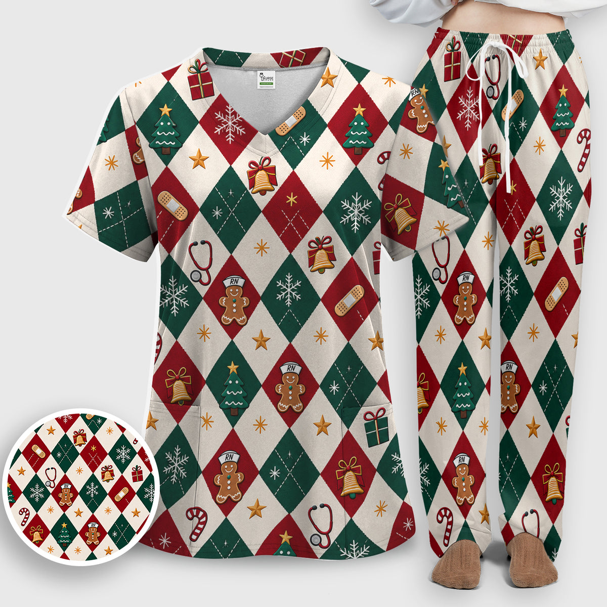 Christmas Gingerbread Nurse Argyle Scrub Set, Scrub Pants and V Neck Top