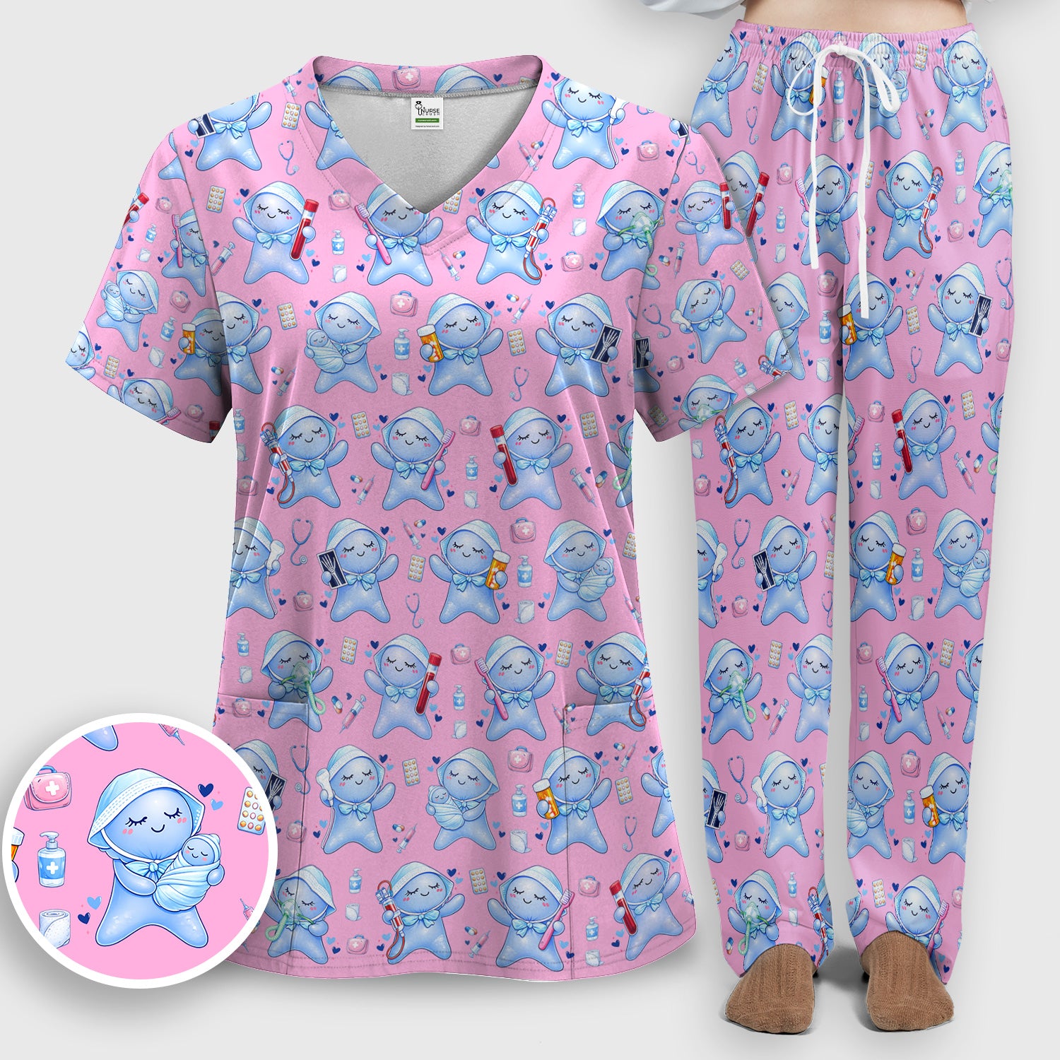 Cute Tooth Character Dental Tools Caring Pattern Scrub Set, Breathable Med Uniform