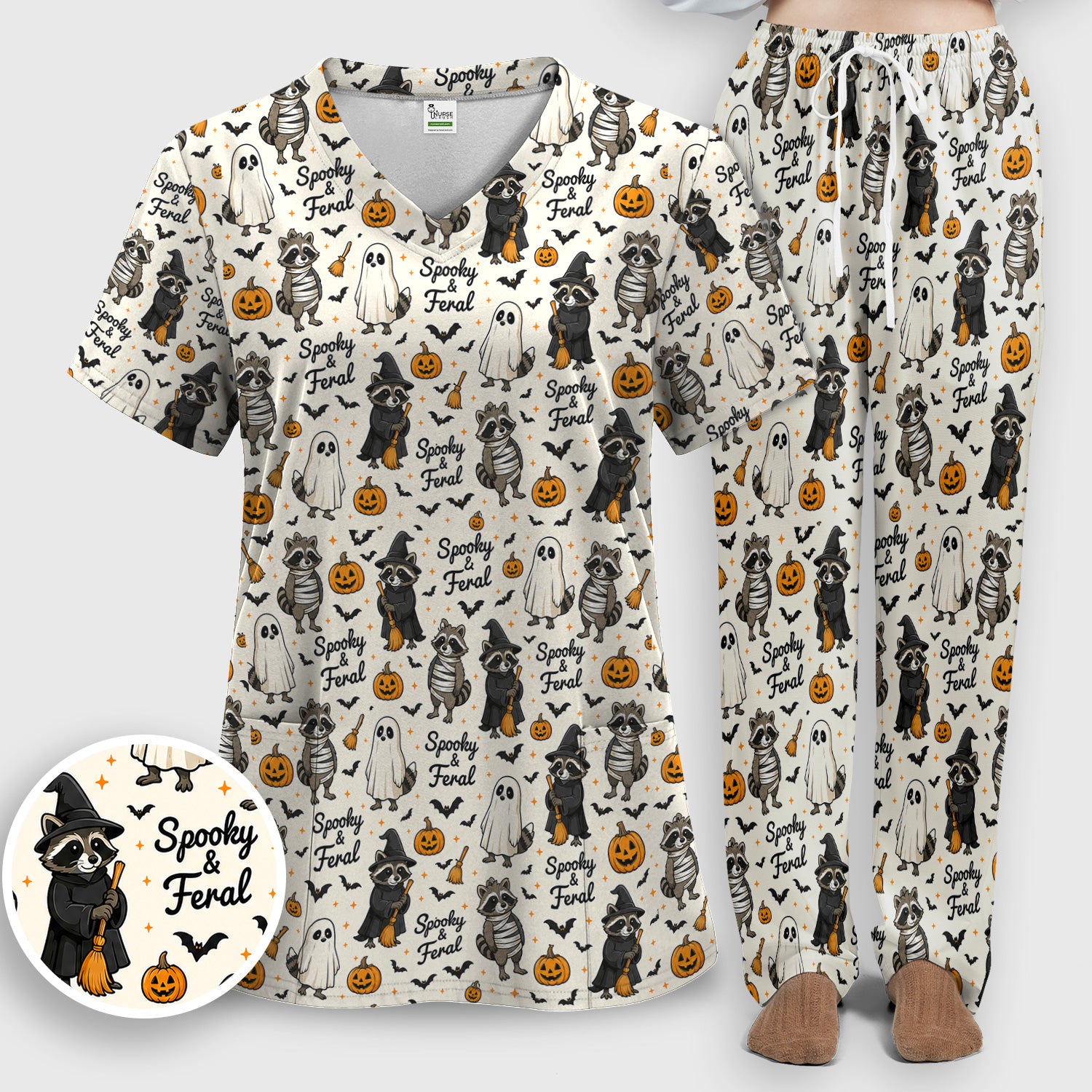 Spooky And Feral Halloween Raccoon Scrub Set, Scrub Pants and V Neck Top