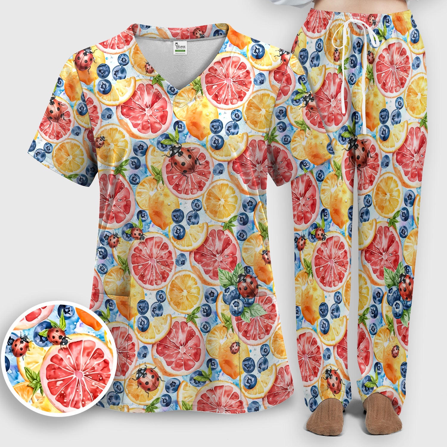 Cute Citrus Berry Ladybug Pattern Scrub Set, Scrub Pants and V Neck Top