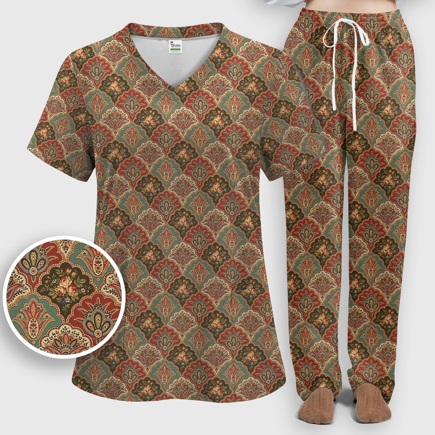 Vintage Floral Paisley Ornament Pattern Scrub Set, Scrub Pants and V Neck Top