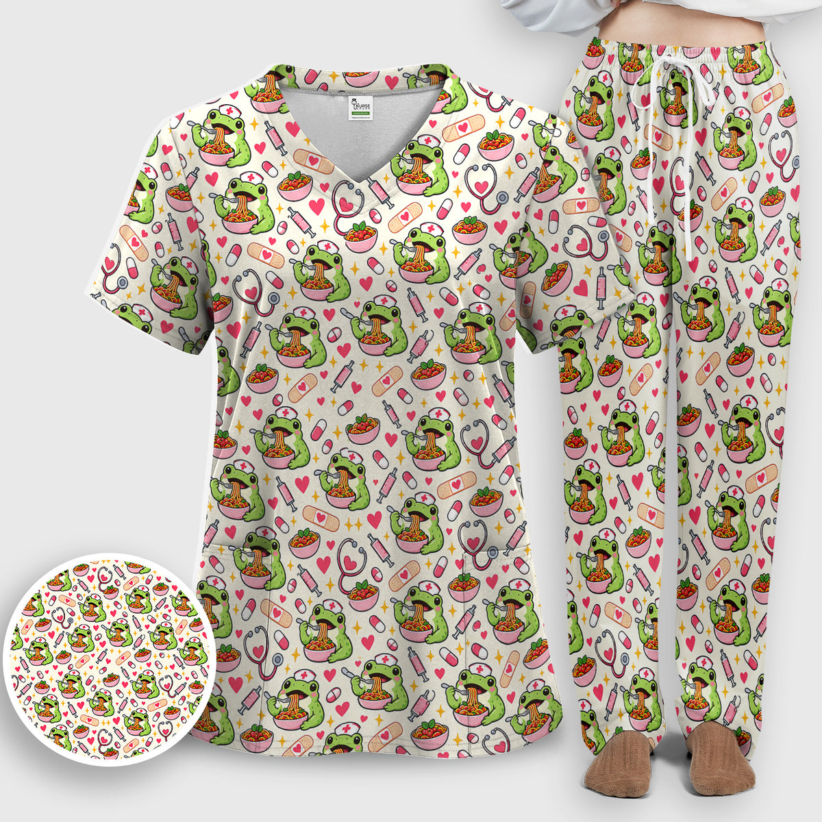 Cute Nurse Frogs Eating Noodles Pattern Scrub Set, Scrub Pants and V Neck Top