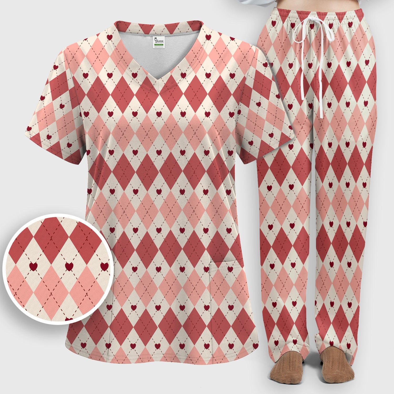 Red Argyle Plaid Pattern Scrubs Sets, Scrub Pants and V Neck Top