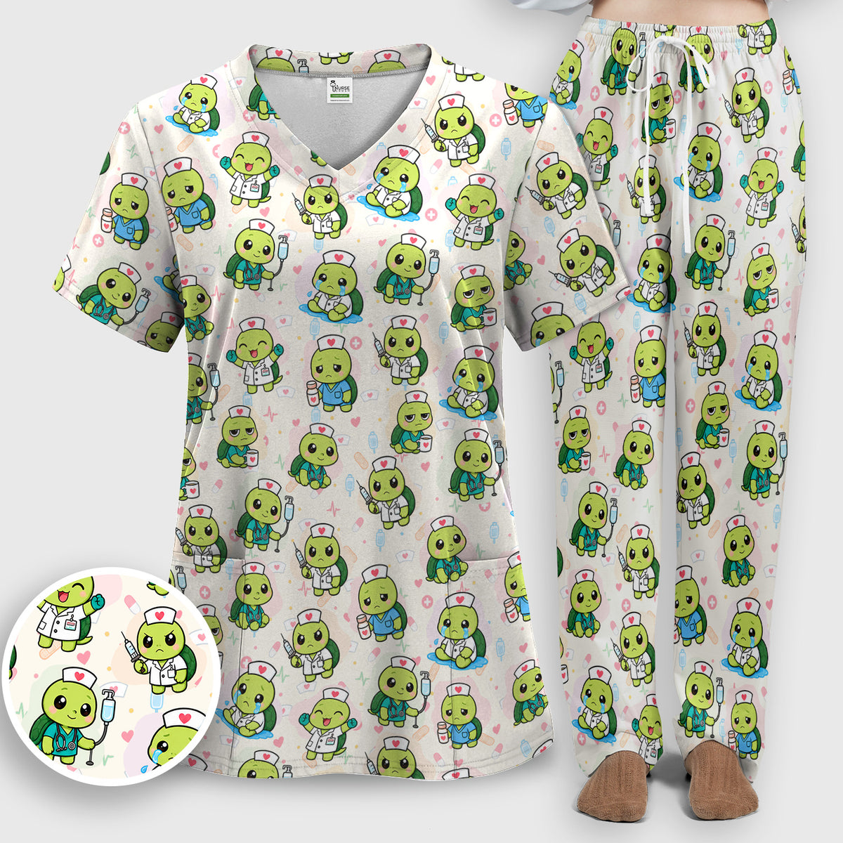Cute Nurse Turtle Medical Icons Scrub Set, Scrub Pants and V Neck Top