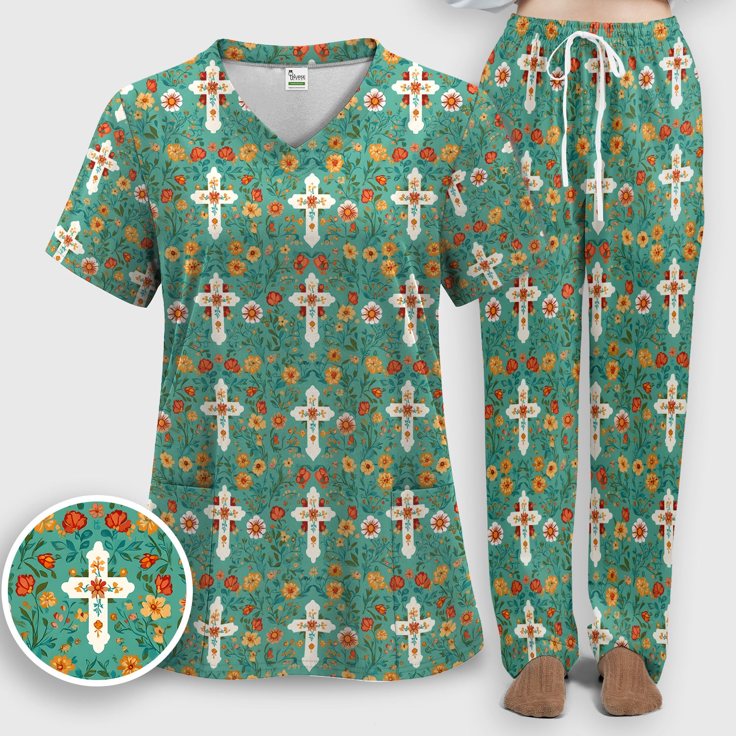 Christian Faith Floral Cross Pattern Scrub Set, Scrub Pants and V Neck Top