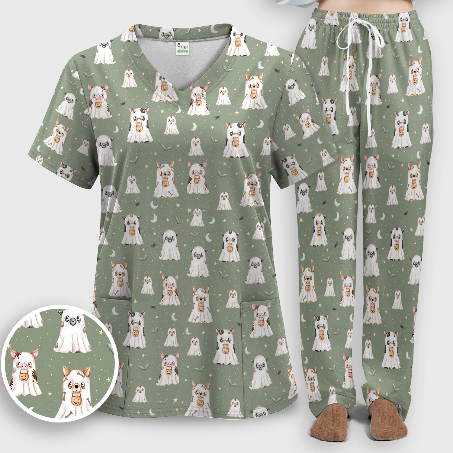 Spooky Farm Animal Ghost Scrub Set, Scrub Pants and V Neck Top