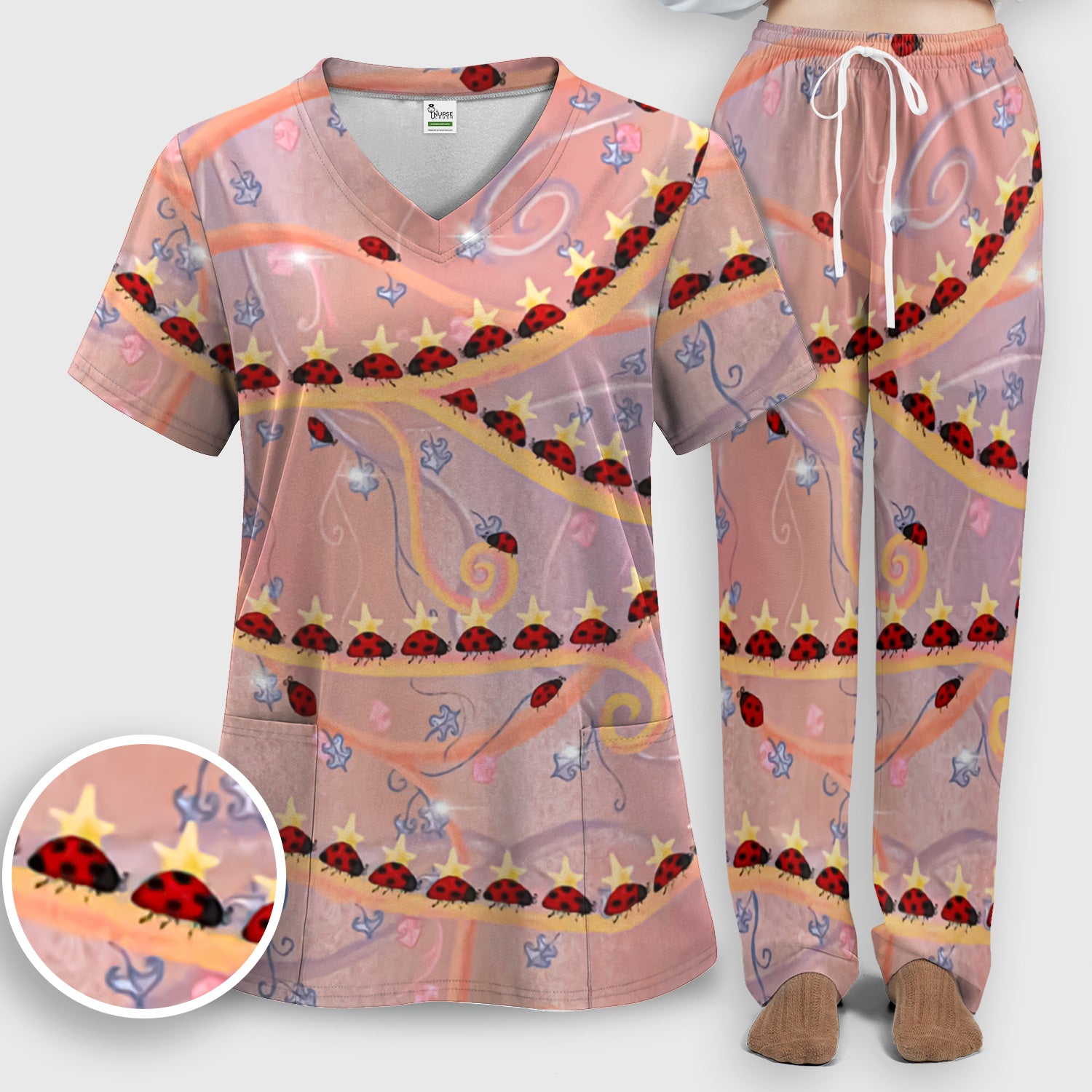 Cute Ladybug Star Vine Swirl Pattern Scrub Set, Scrub Pants and V Neck Top