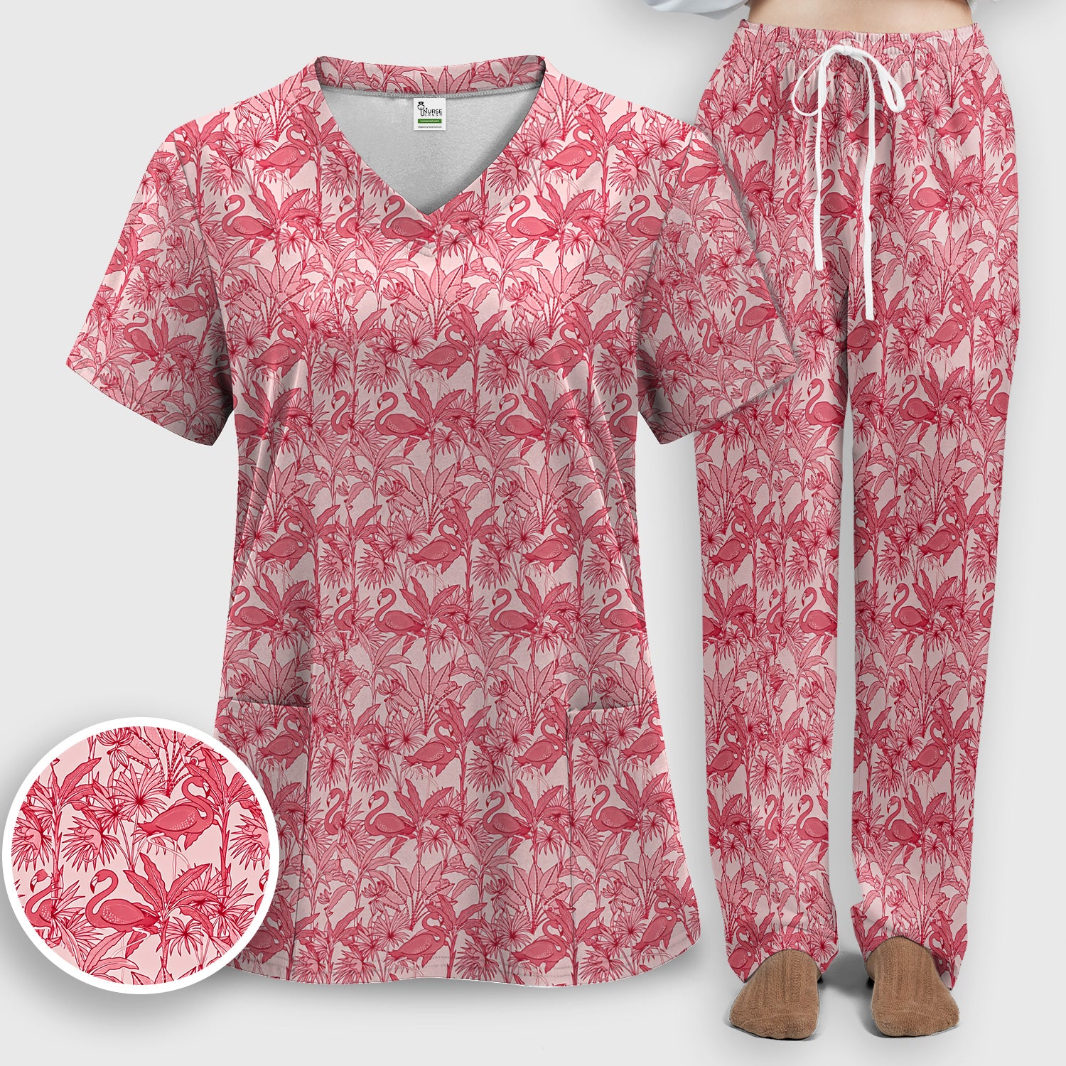 Tropical Flamingo Palm Leaves Pattern Scrub Top, Breathable Fabrics Nursing Uniform