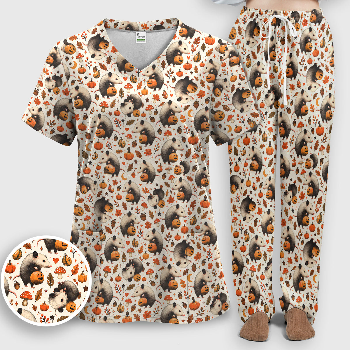 Halloween Opossum Pumpkin Patch Pattern Scrub Set, Scrub Pants and V Neck Top