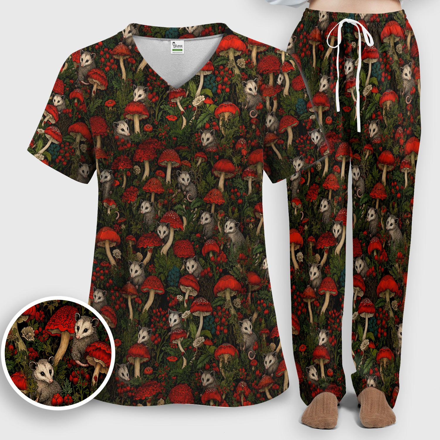 Woodland Opossum Red Mushroom Pattern Scrub Set, Scrub Pants and V Neck Top