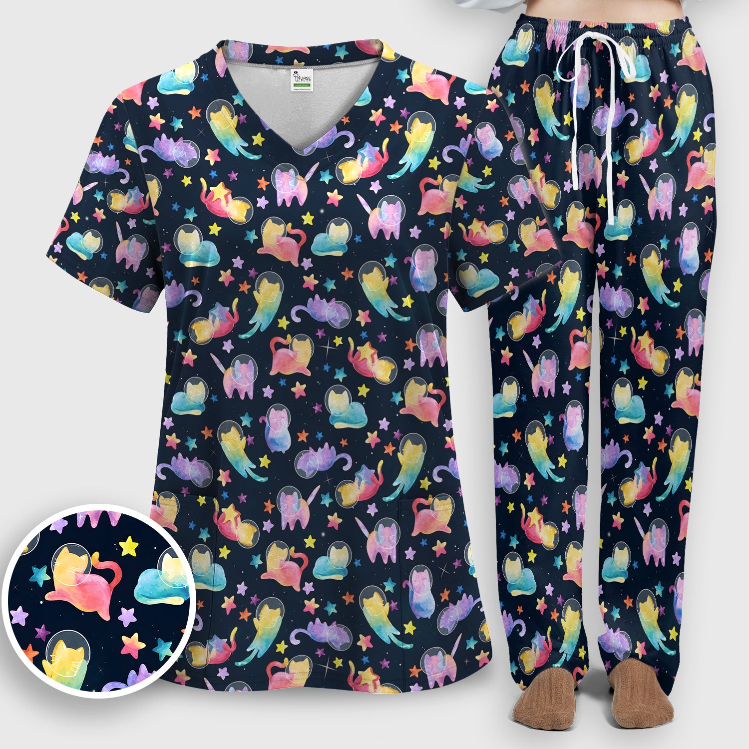 Cute Space Cat Veterinary Pattern Scrub Set, Scrub Pants and V Neck Top