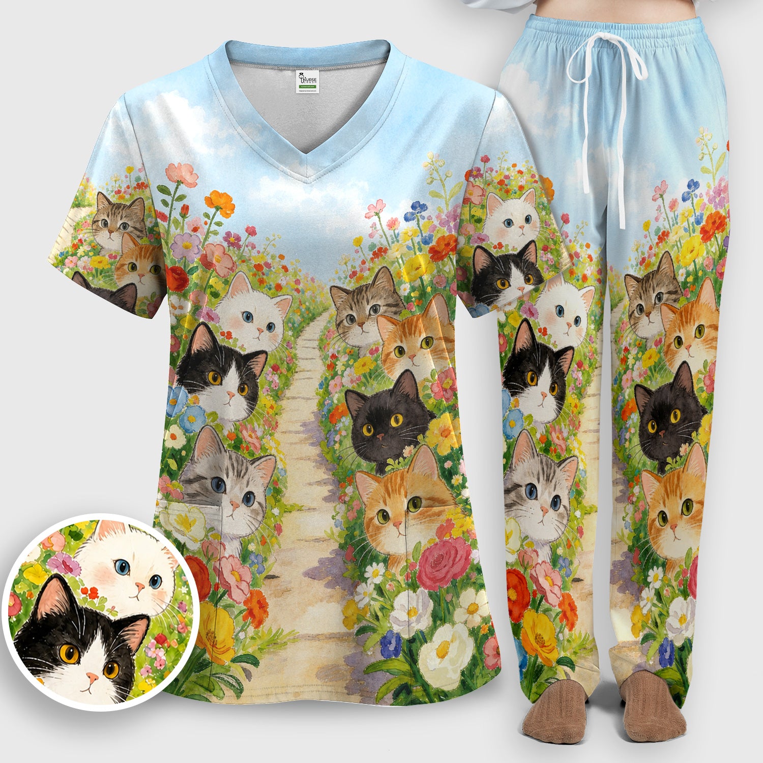 Cute Garden Cats Flower Path Pattern Scrub Set, Scrub Pants and V Neck Top