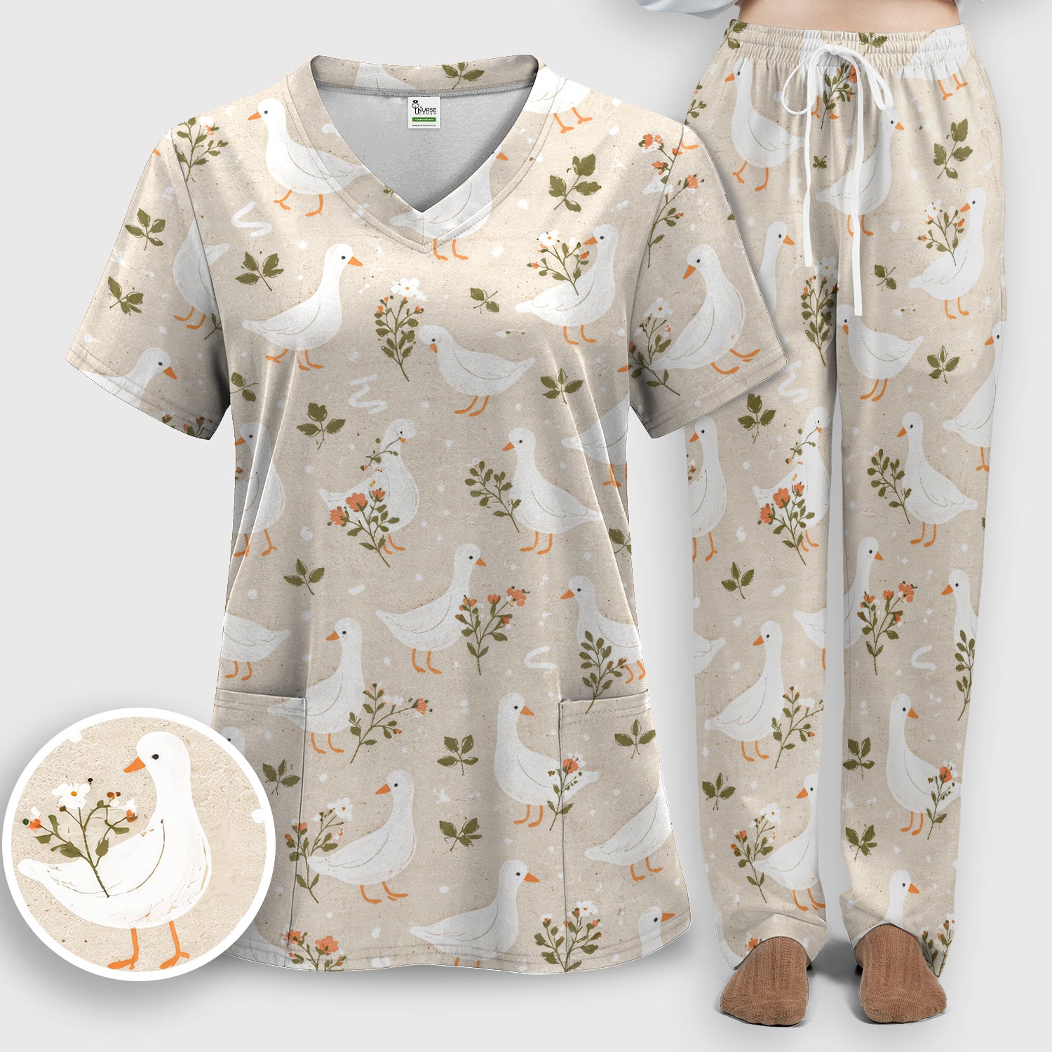 White Goose Floral Meadow Pattern Scrub Set, Scrub Pants and V Neck Top