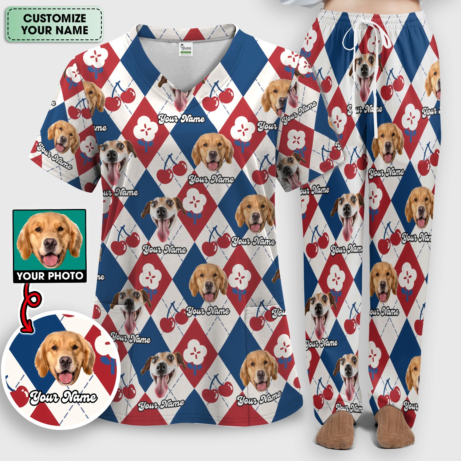 Custom Dog Face Scrub Set, Playful Dog Cherry Argyle Pattern Shirt, Breathable Fabrics Nursing Uniform
