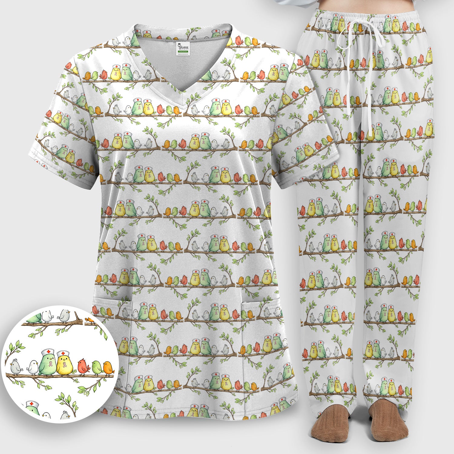 Cute Pink Ribbon Birds Scrub Set, Scrub Pants and V Neck Top