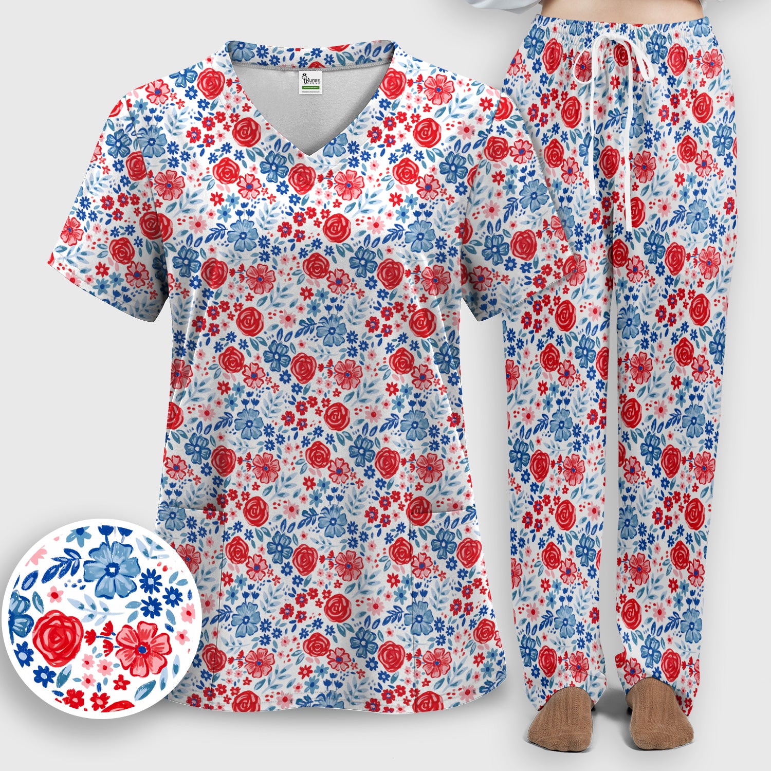 Red Blue Floral Garden Blossom Pattern Scrub Set, Scrub Pants and V Neck Top