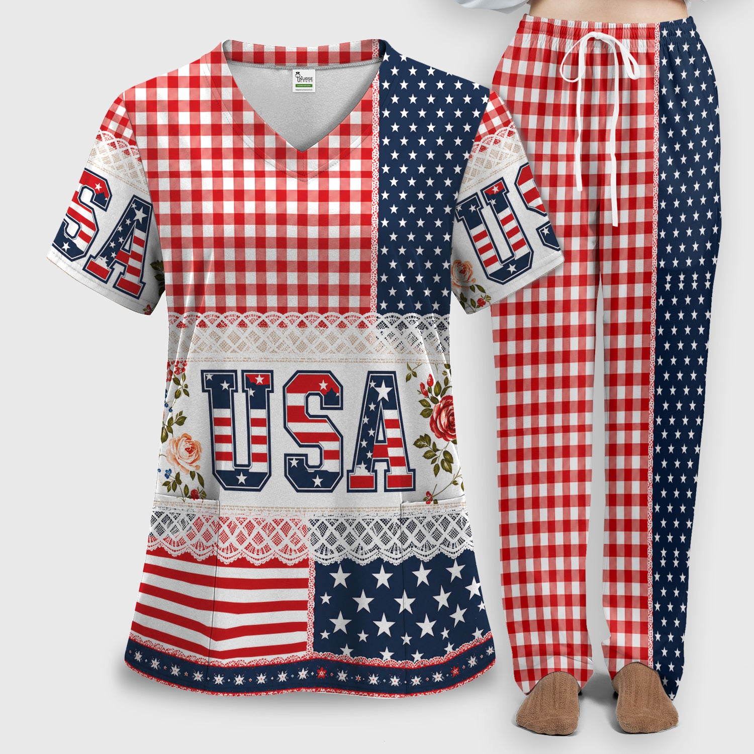 Patriotic Patchwork with USA Flag Pattern Scrub Set, Scrub Pants and V Neck Top