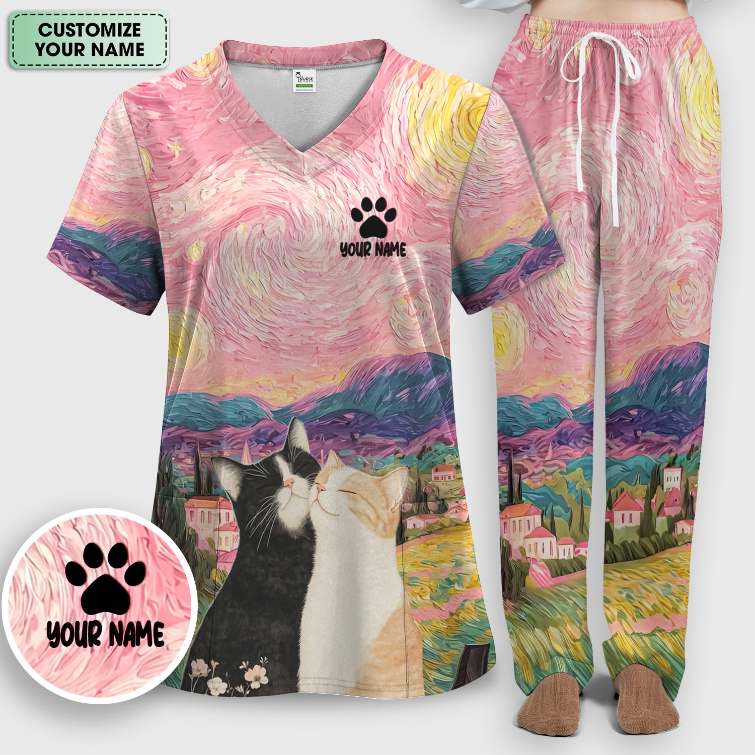 Personalized Cat Couple Sunset Swirl Sky Landscape Pattern Scrub Set, Scrub Pants and V Neck Top