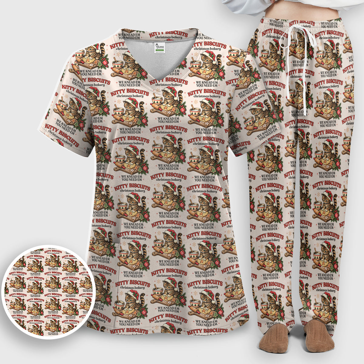 Christmas Santa And Gingerbread Pattern Scrub Set, Scrub Pants and V Neck Top