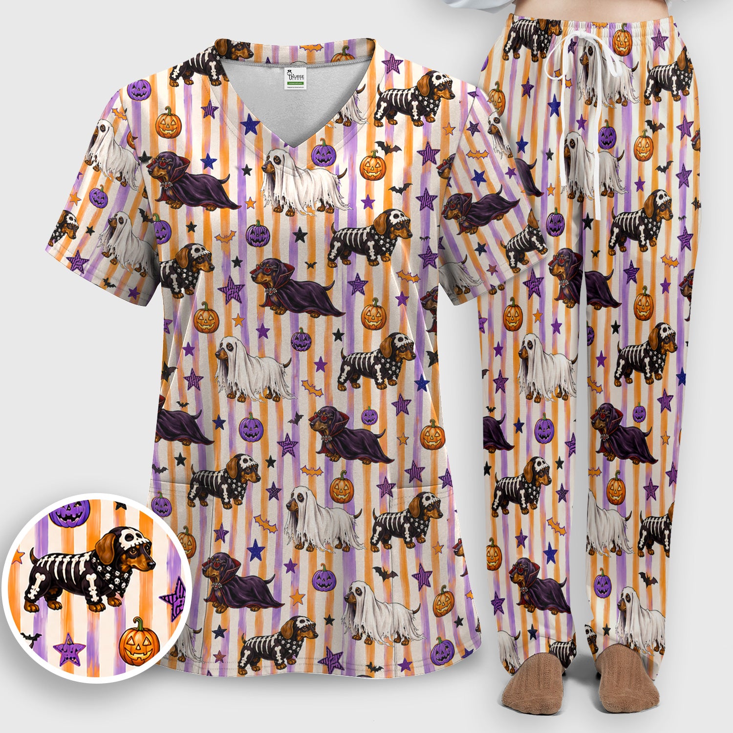 Halloween Dachshund Stripe Pattern Scrub Set, Scrub Pants and V Neck Top