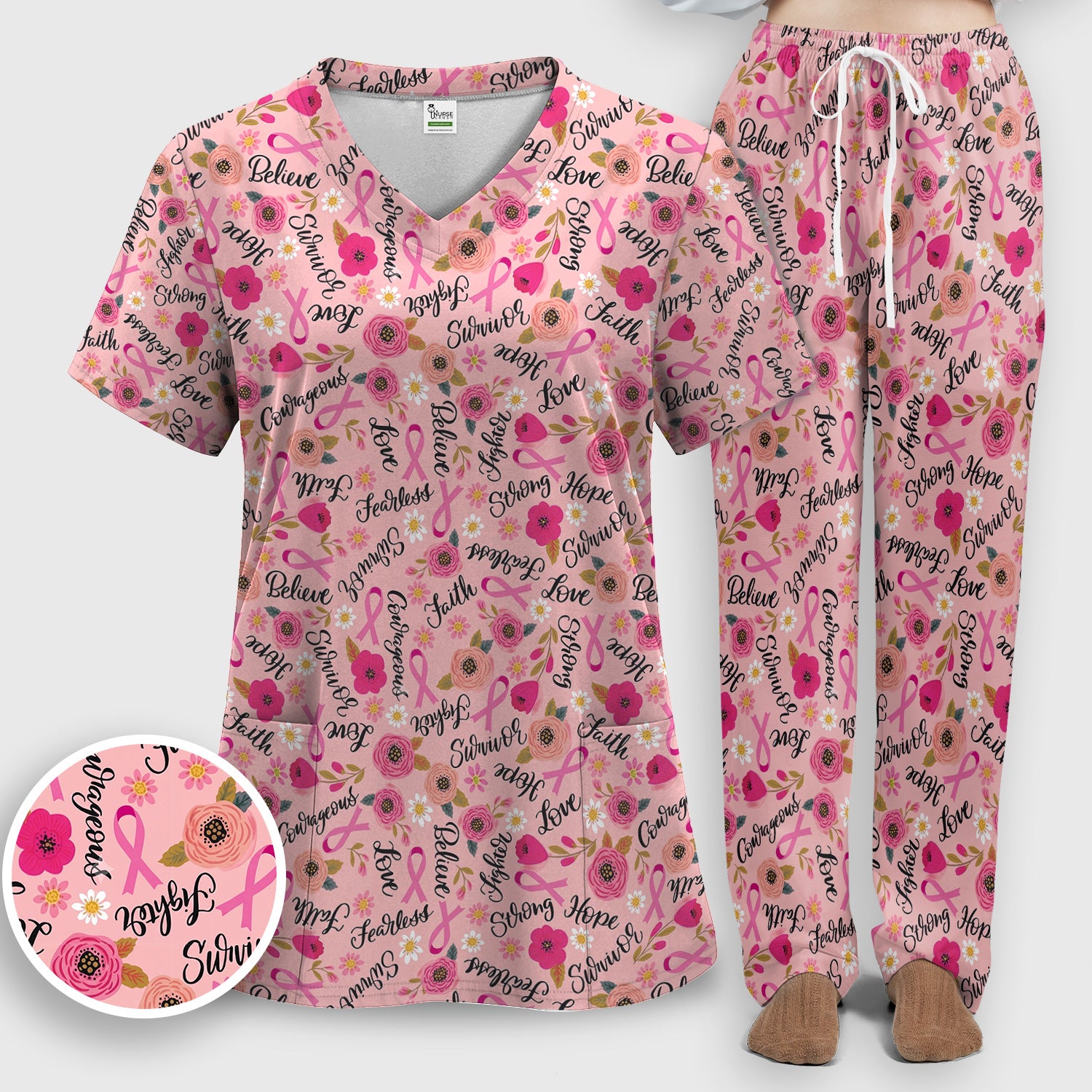 Breast Cancer Awareness Oncology with Pink Ribbon Floral Pattern Scrub Set, Scrub Pants and V Neck Top