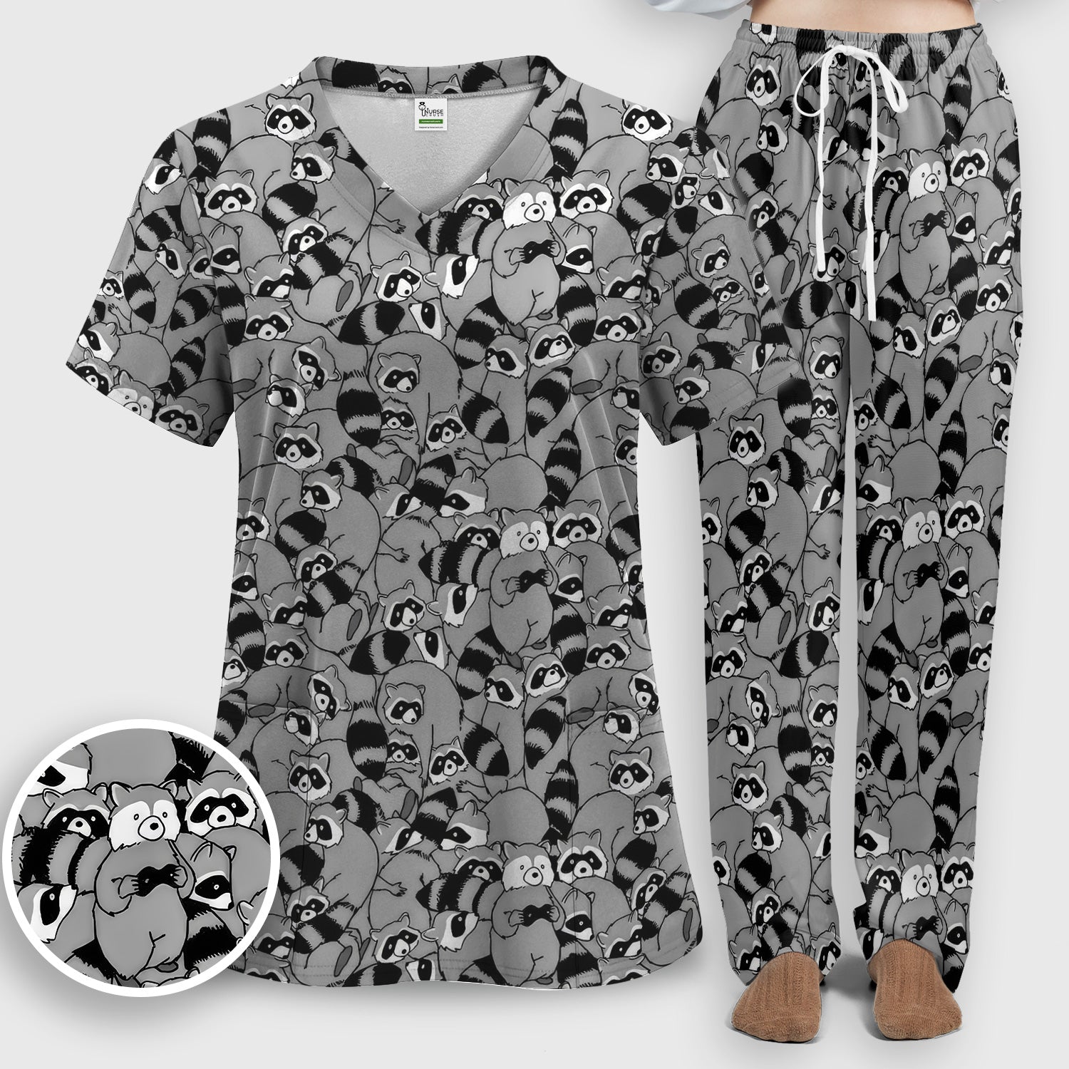 Cute Nurse Raccoon Crowd Pattern Scrub Set, Scrub Pants and V Neck Top