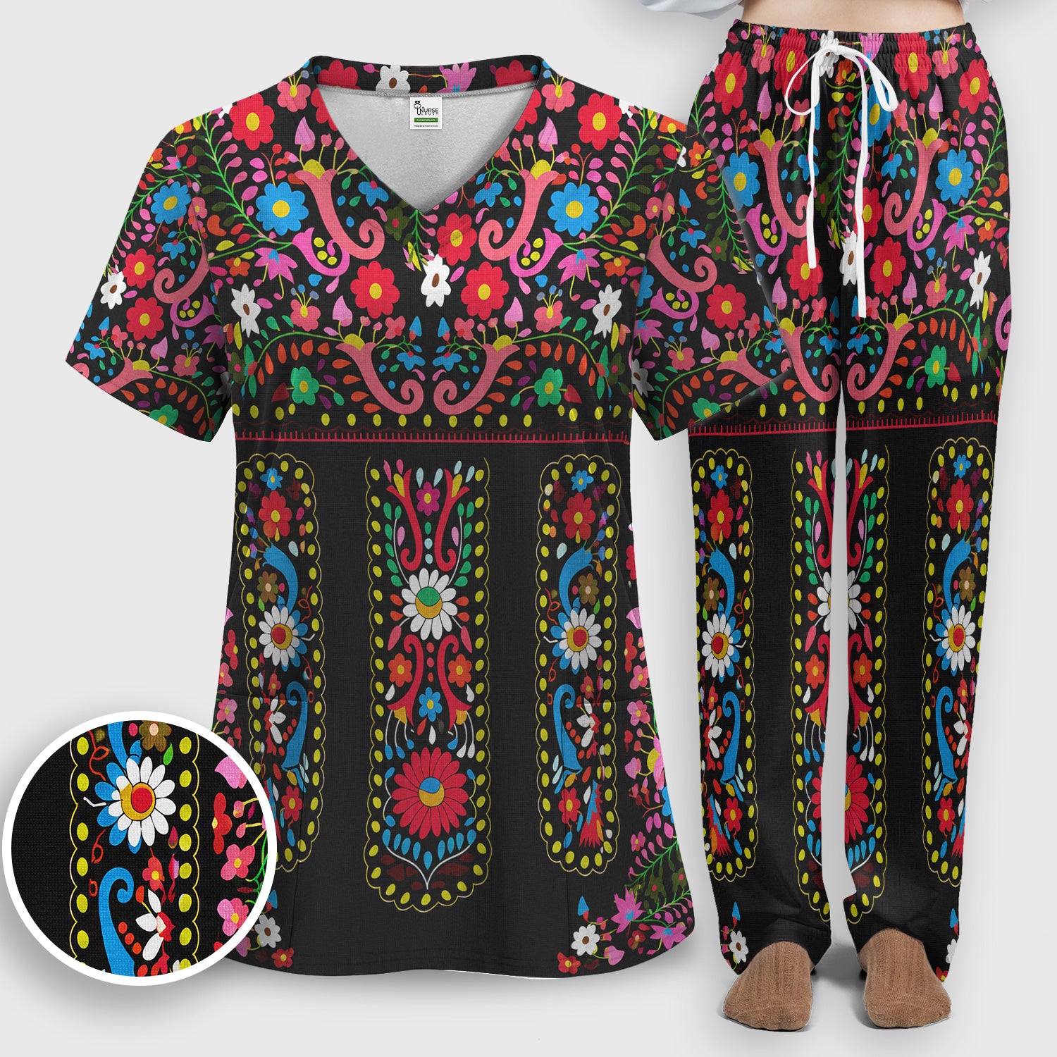 Colorful Folk Art Floral Pattern Scrub Set, Scrub Pants and V Neck Top