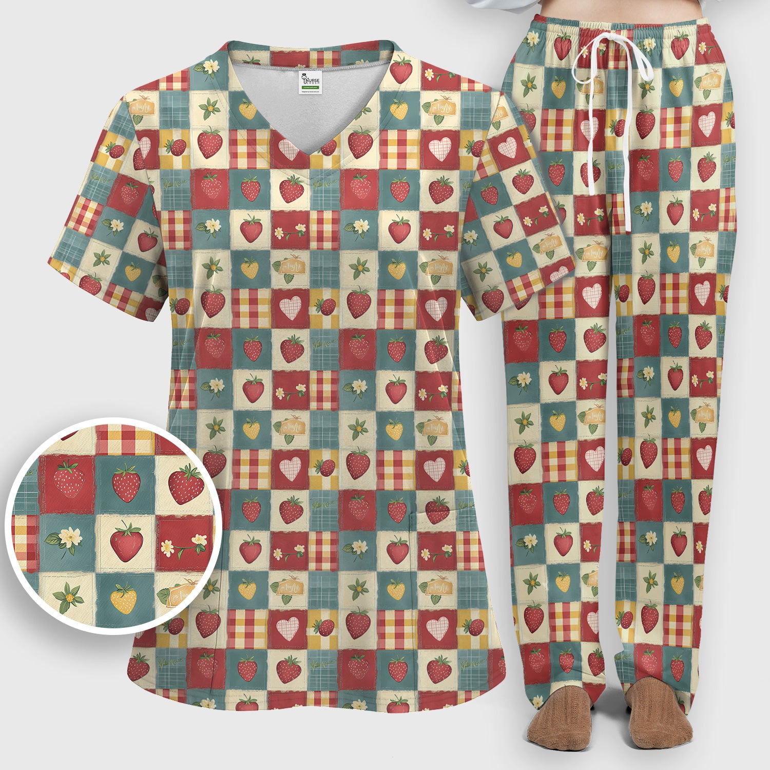 Cute Strawberry Floral Patchwork Pattern Scrubs Sets, Scrub Pants and V Neck Top