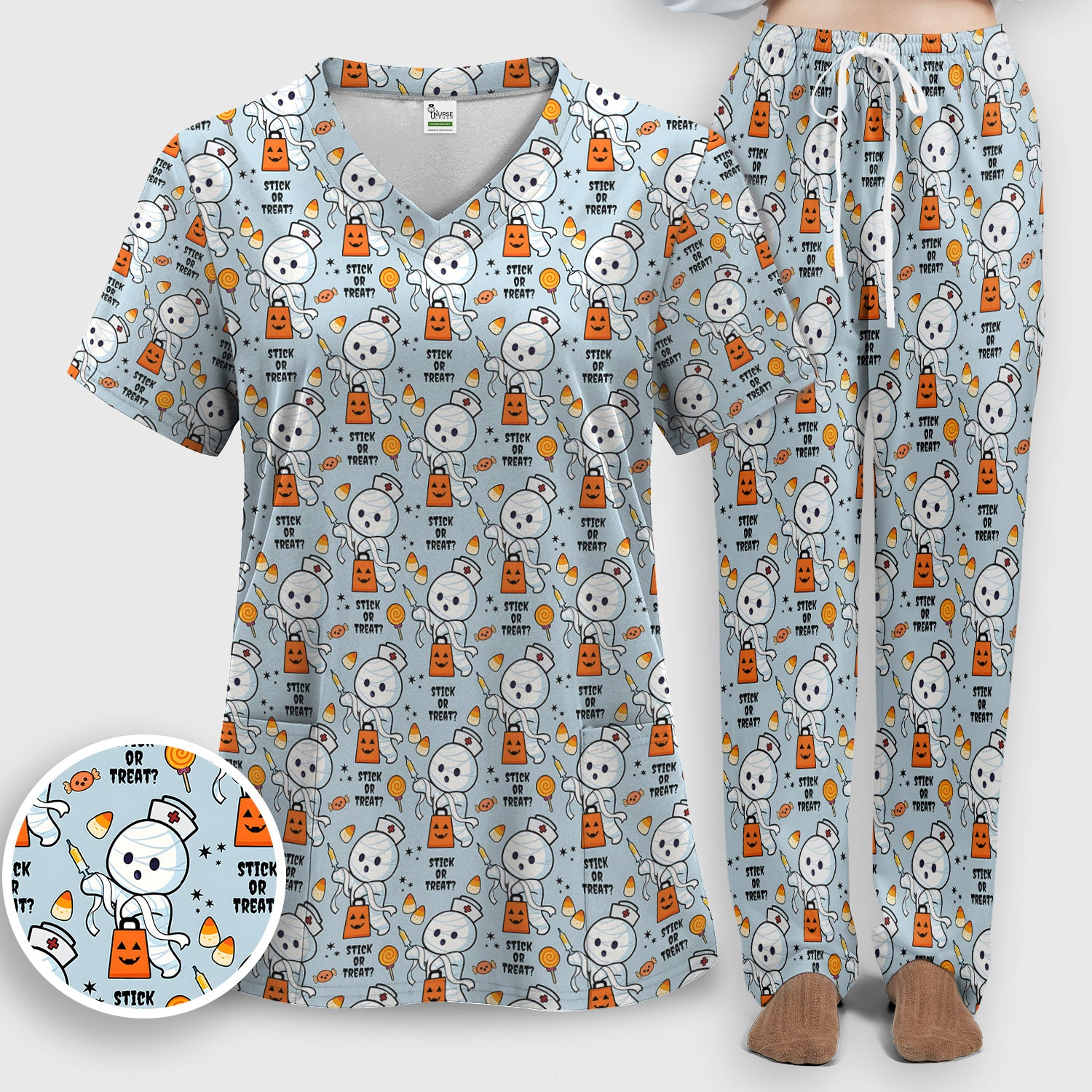Funny Halloween Stick Or Treat Mummy Nurse Scrub Set, Scrub Pants and V Neck Top