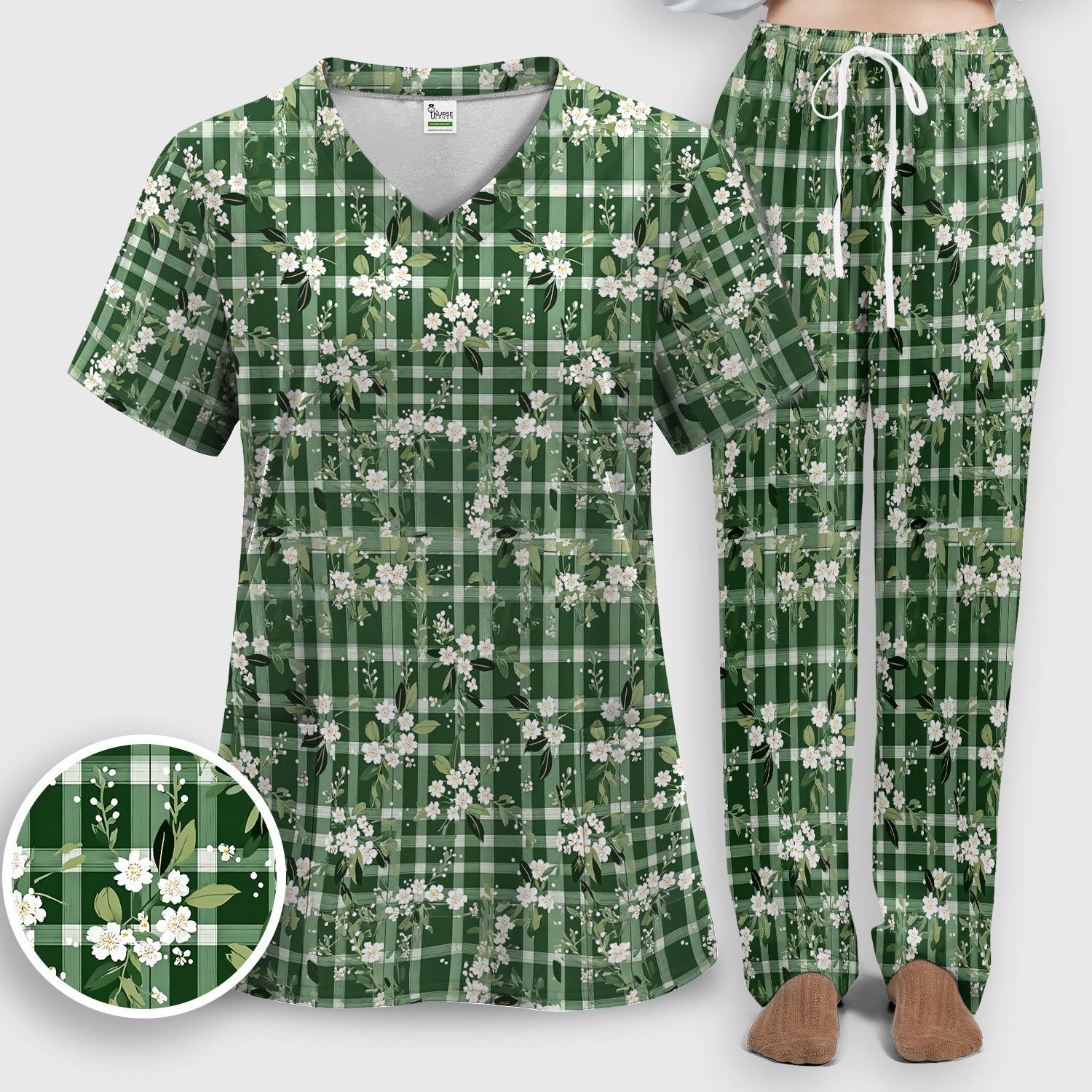 Cute Green Gingham Floral Print Scrub Set, Women's Scrub Sets