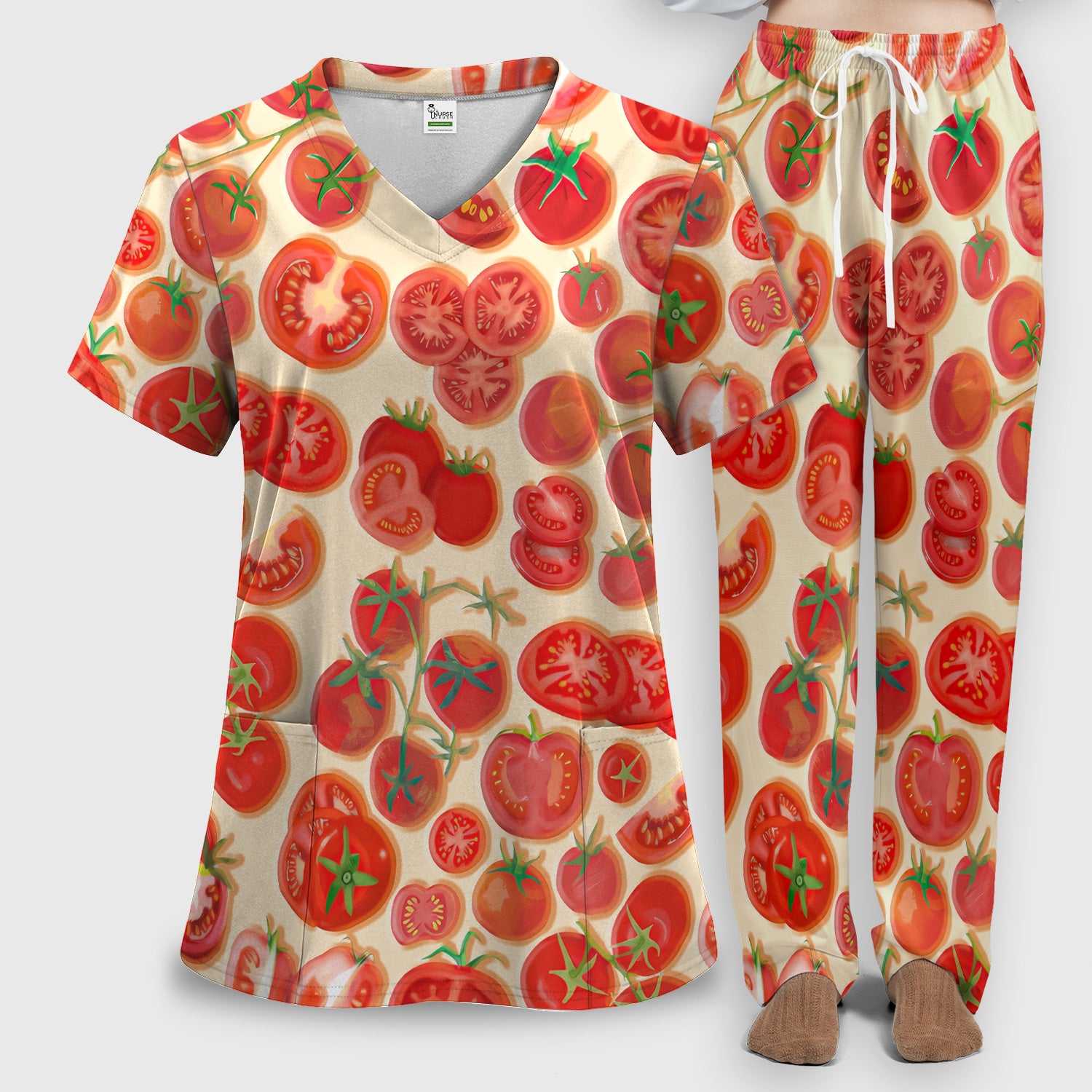 Fresh Tomato Slices Cherry Tomato Pattern Scrubs Sets, Women's Scrub Sets