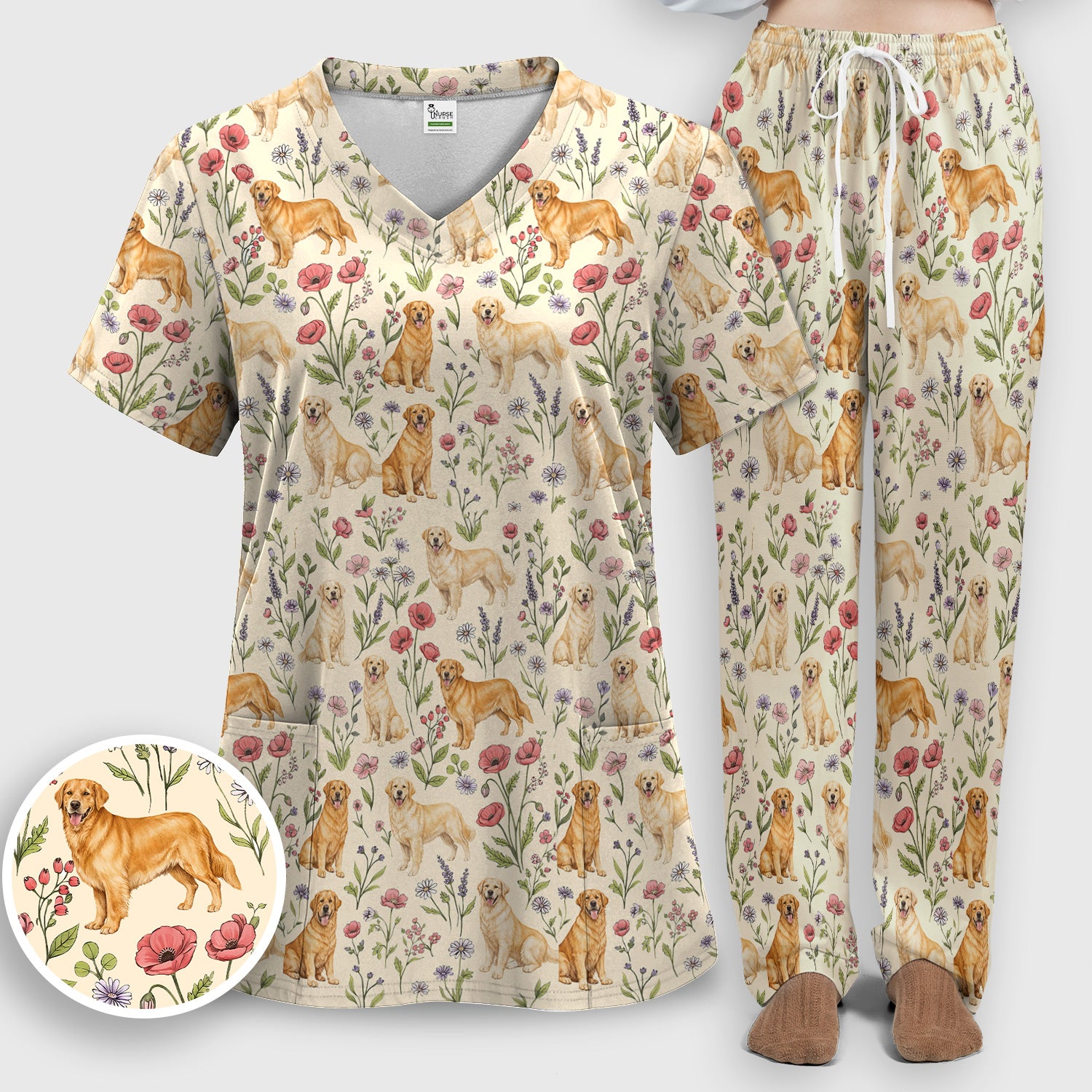 Cute Golden Retriever Floral Pattern Scrub Set, Women's Scrub Sets