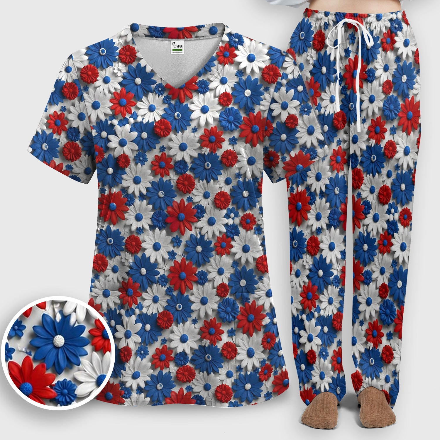 Patriotic Red Blue Daisy Floral Pattern Scrub Set, Scrub Pants and V Neck Top