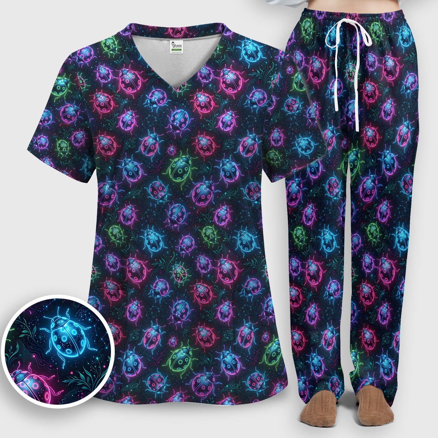 Colorful Neon Ladybug Pattern Scrub Set, Scrub Pants and V Neck Top