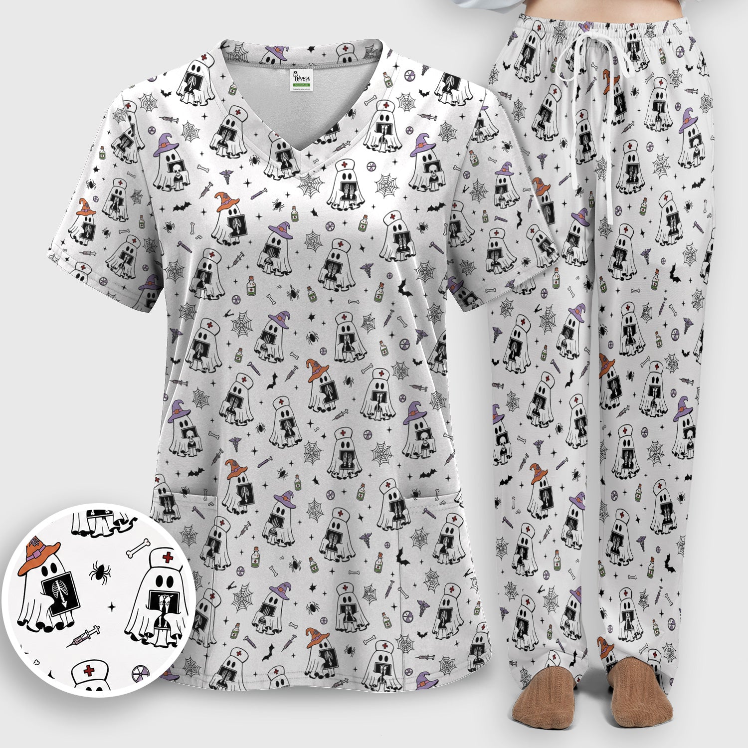 Halloween Ghost Nurses With X-Rays Scrub Set, Scrub Pants and V Neck Top
