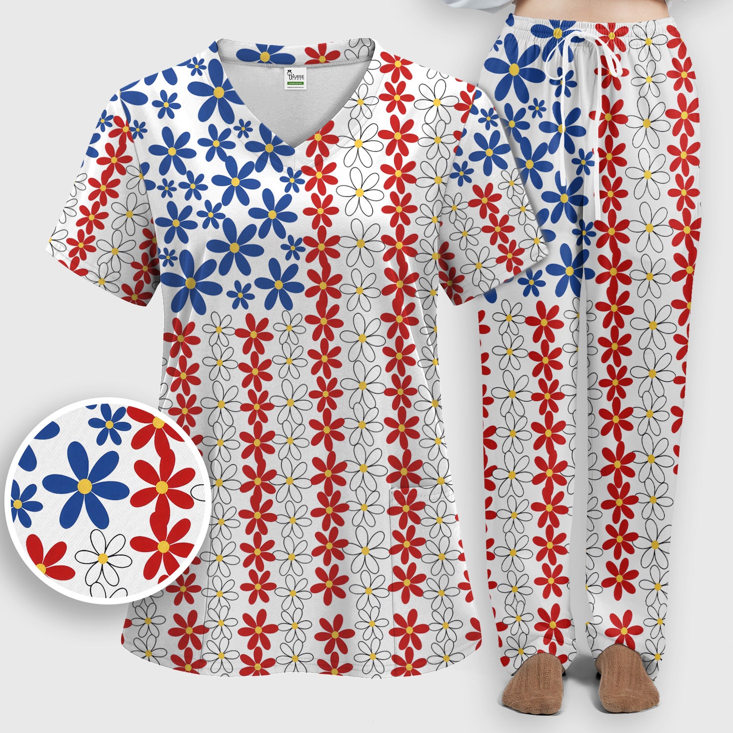 Retro Red Blue Daisy Stripe Pattern Scrub Top, Breathable Fabrics Nursing Uniform