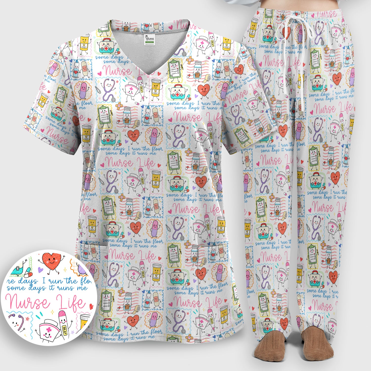Cute Nurse Life Doodle Pediatric Nurse Scrub Set, Scrub Pants and V Neck Top