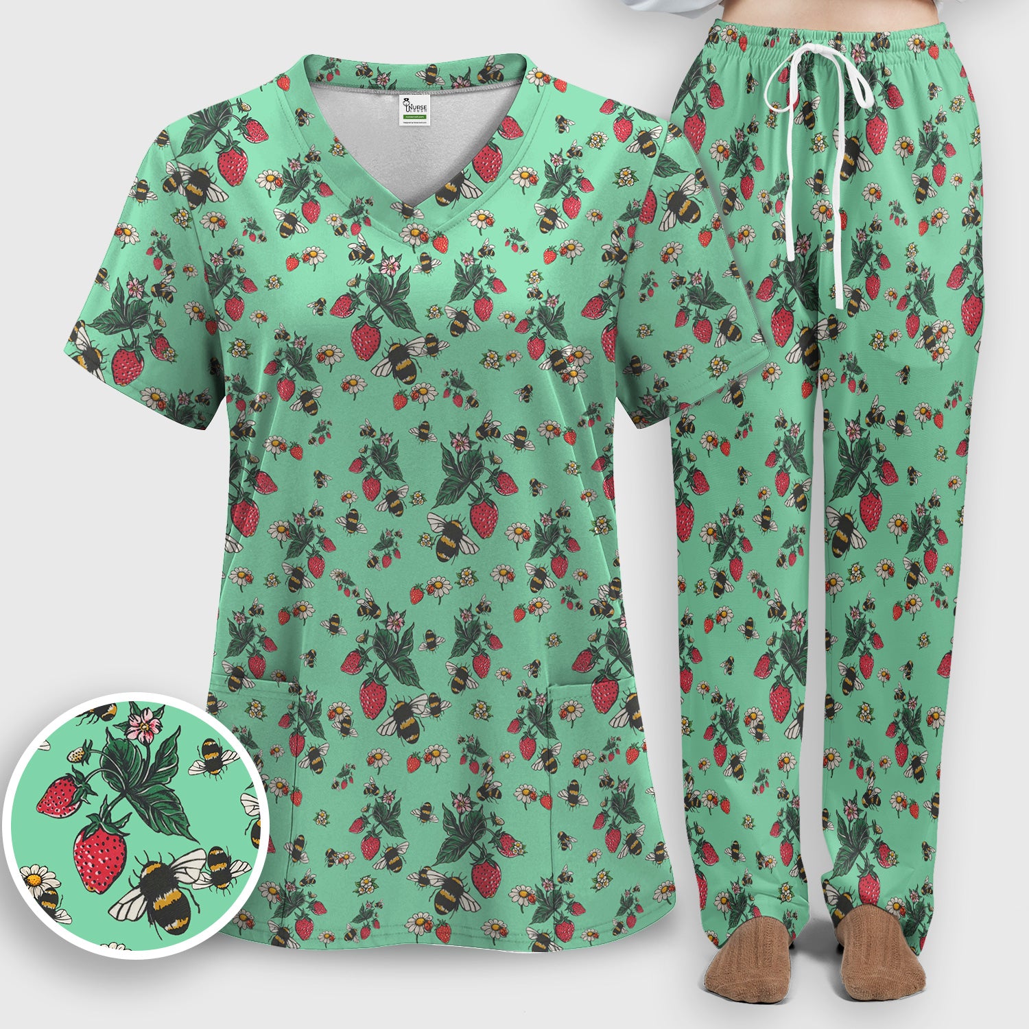 Cute Strawberry Bee Daisy Floral Pattern Scrub Set, Scrub Pants and V Neck Top