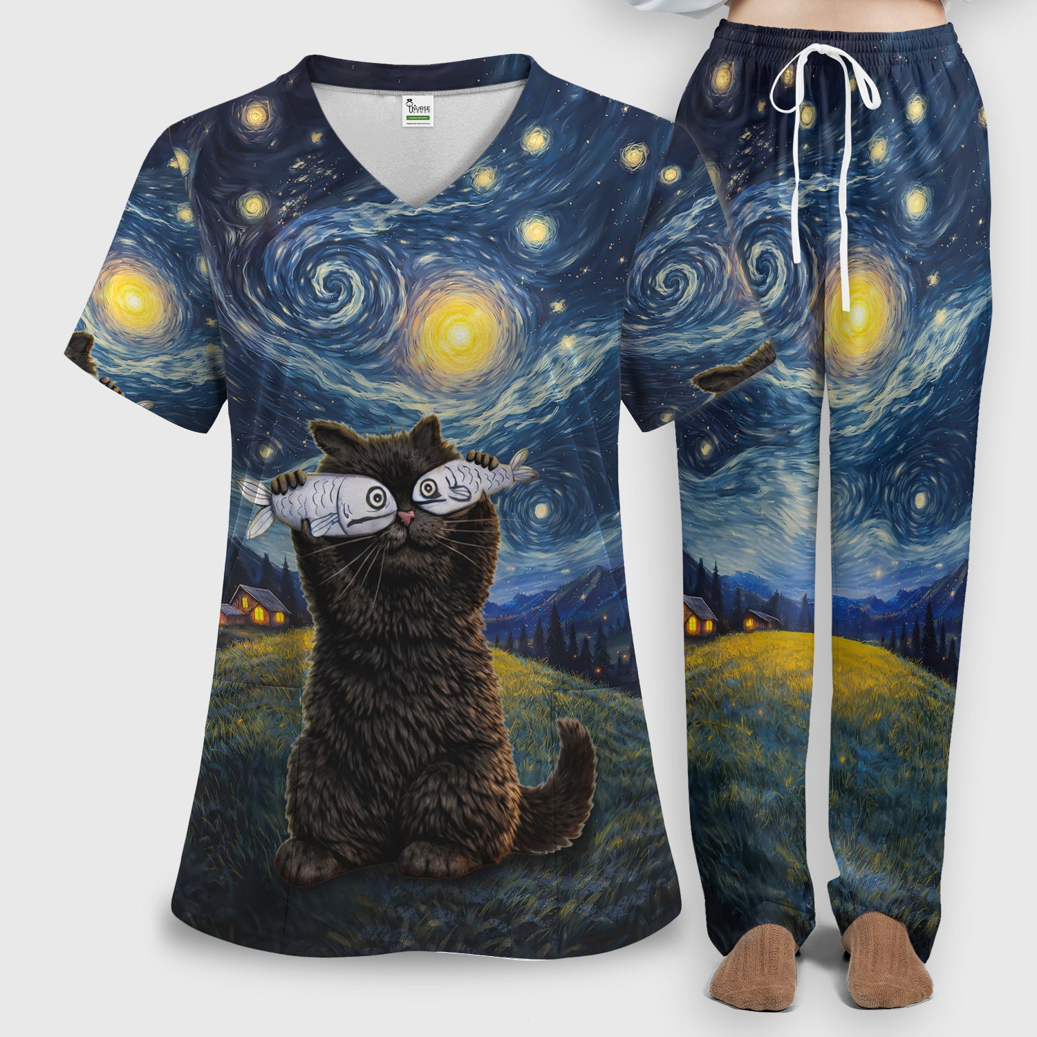 Galaxy Swirl Cat Art V Neck Medical Scrub Set for Healthcare Workers