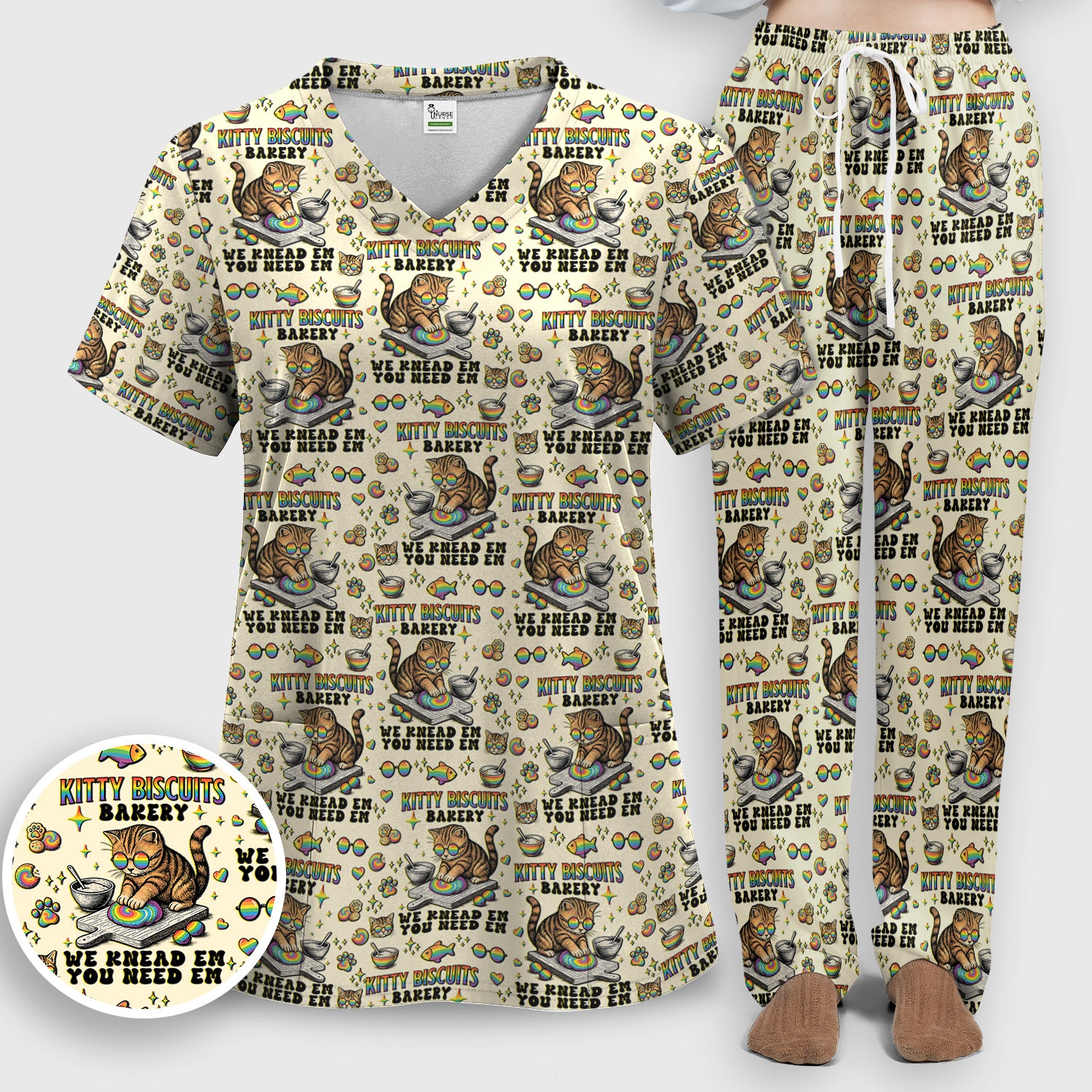 Pride Nurse Cat Baking Rainbow Dough Pattern Scrub Set, Women's Scrub Sets