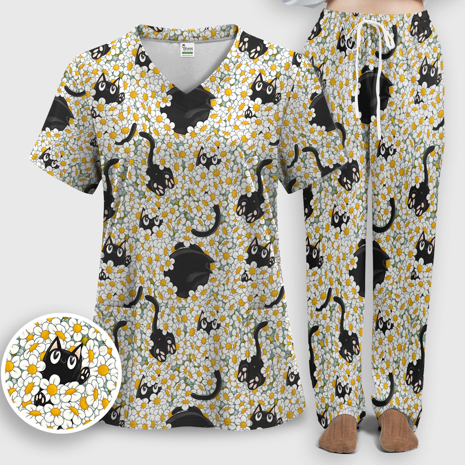 Daisy Black Cat Nurse Pattern Scrub Set, Scrub Pants and V Neck Top