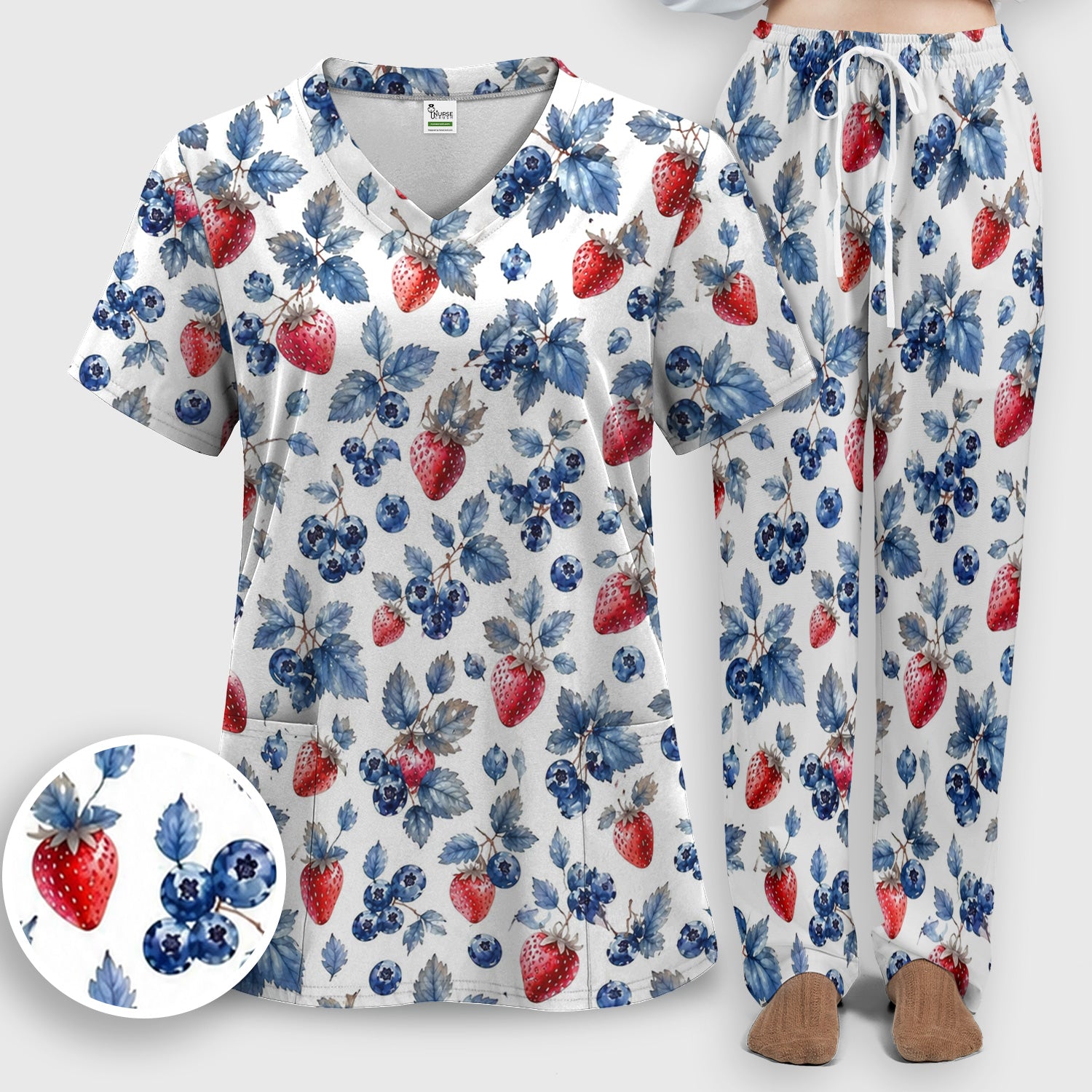 Cute Strawberry & Blueberry Leaf Pattern Scrub Set, Scrub Pants and V Neck Top