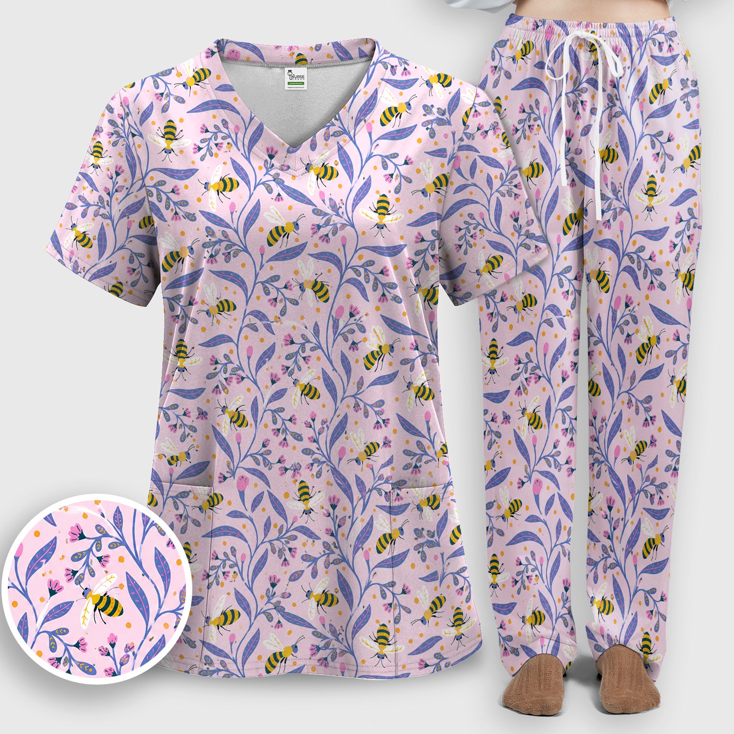 Cute Bumble Bee Floral Pattern Scrub Set, Scrub Pants and V Neck Top