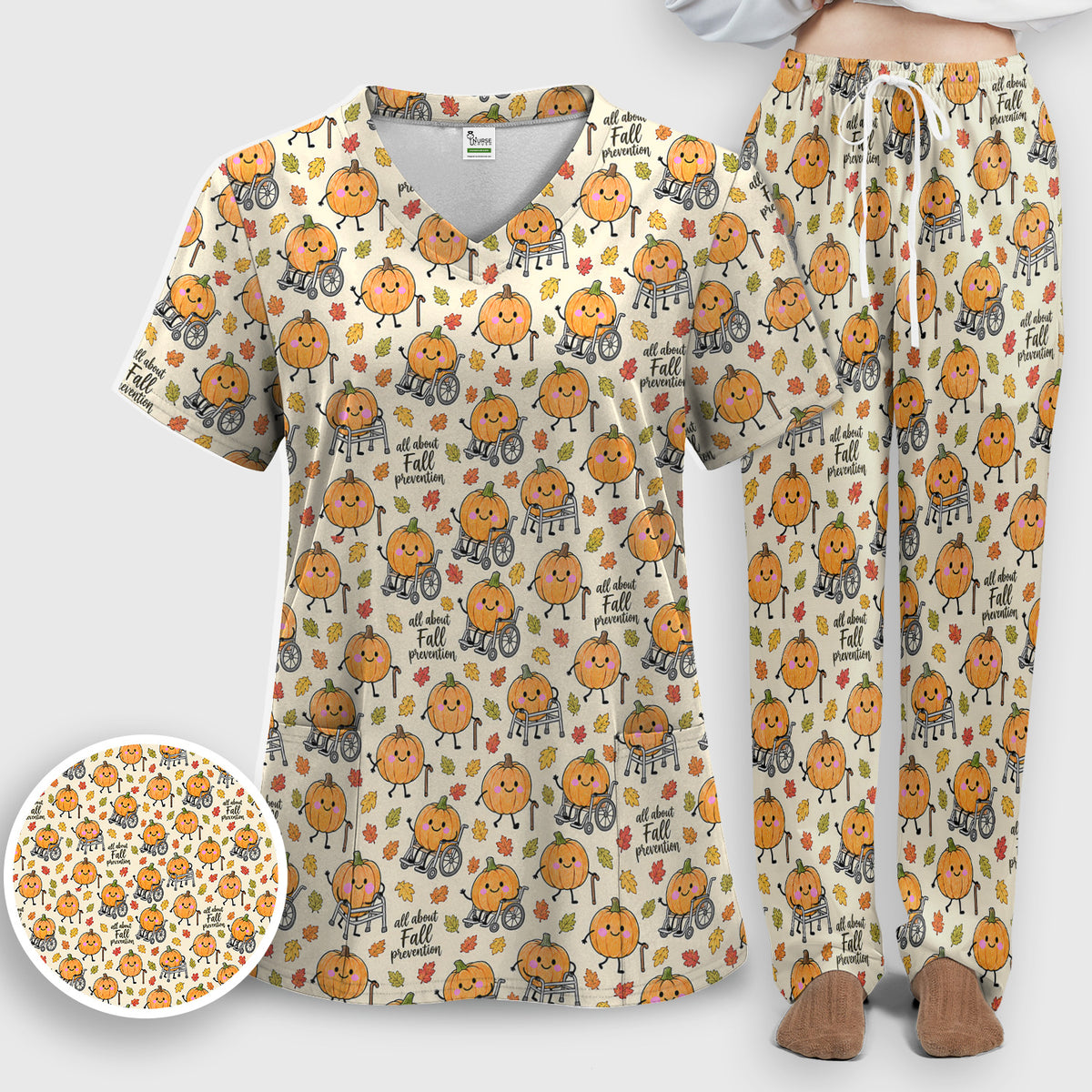 Cute Fall Prevention Pumpkin Pattern Scrub Set, Scrub Pants and V Neck Top
