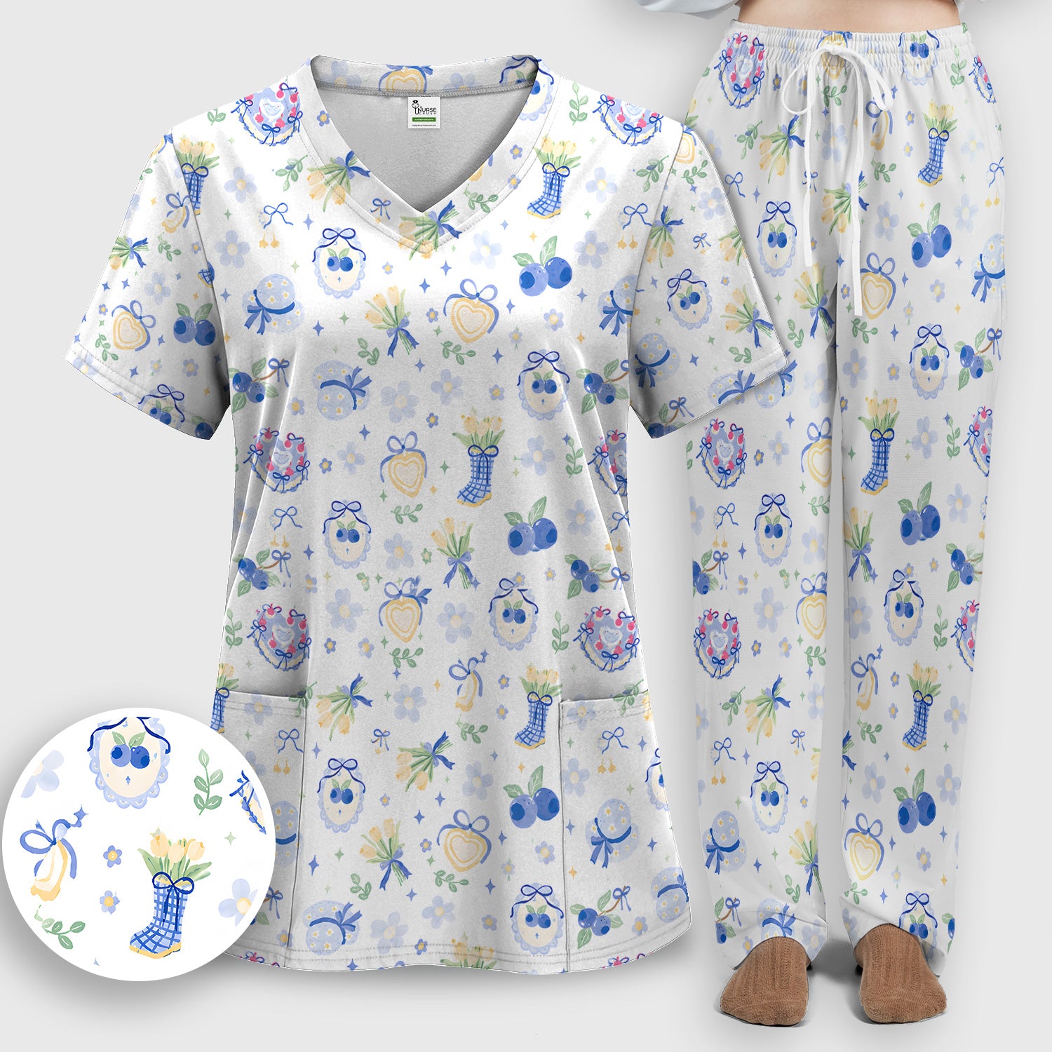 Cute Blueberry Bow Print Scrub Set, Scrub Pants and V Neck Top