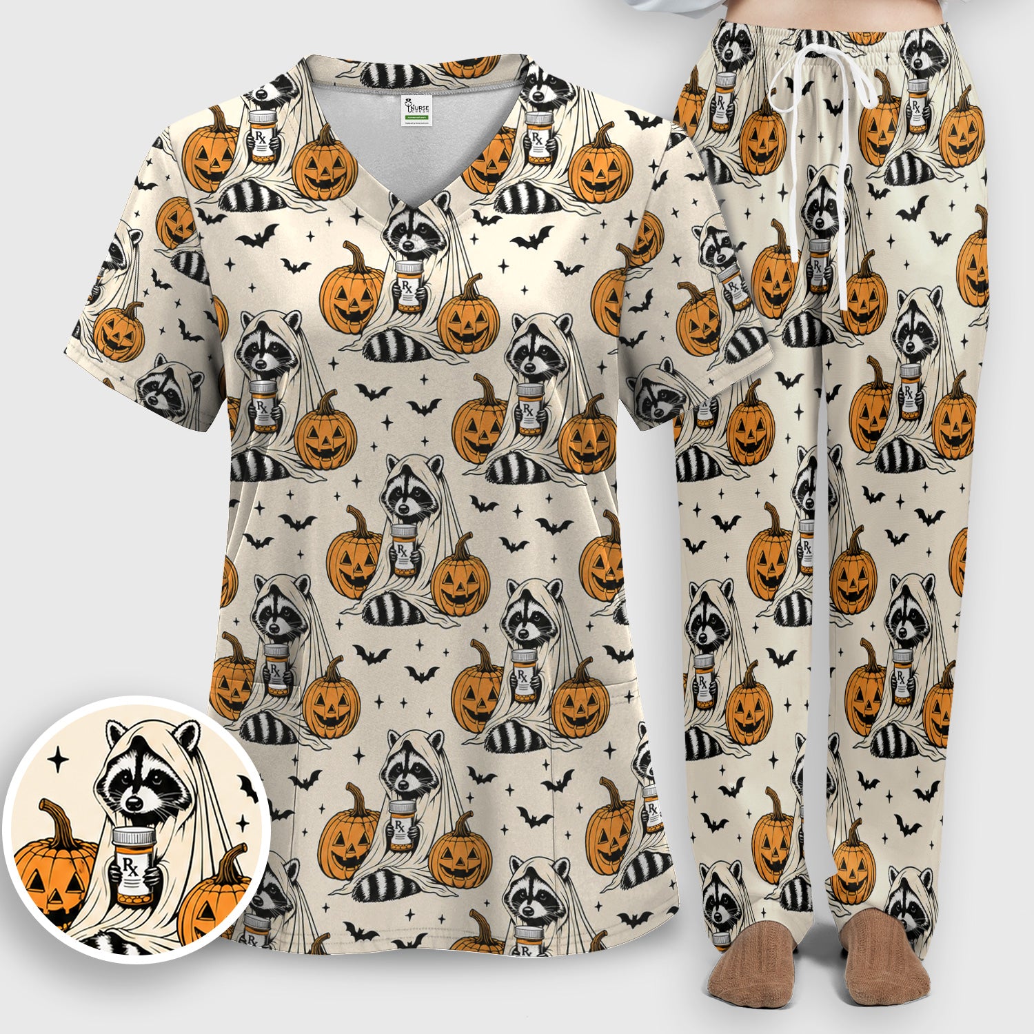 Halloween Raccoon with Pumpkin Bat Print Scrub Set, Scrub Pants and V Neck Top