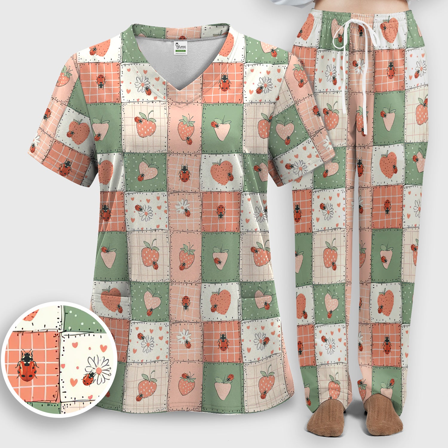 Strawberry Ladybug Patchwork Pattern Scrub Set, Scrub Pants and V Neck Top