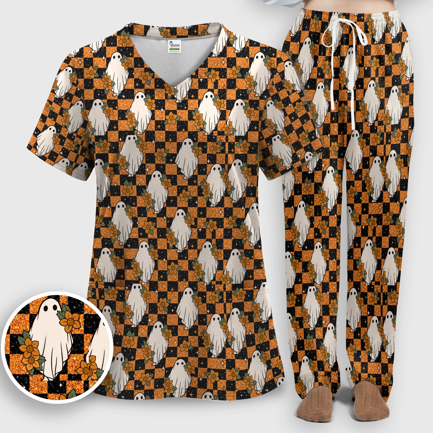 Spooky Halloween Ghost Checkerboard Scrub Set, Scrub Pants and V Neck Top