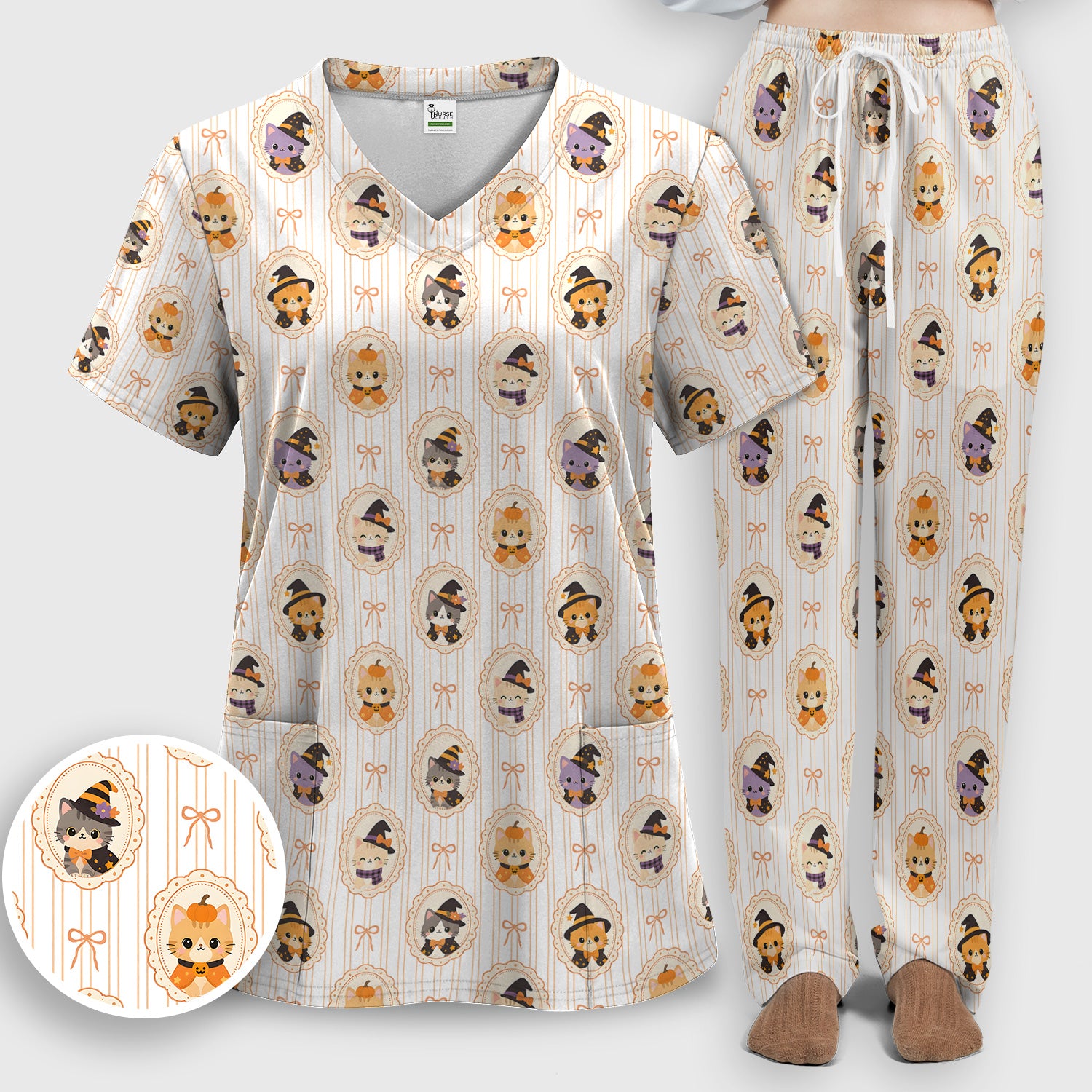 Cute Halloween Cat Stripe Pattern Scrub Set, Scrub Pants and V Neck Top