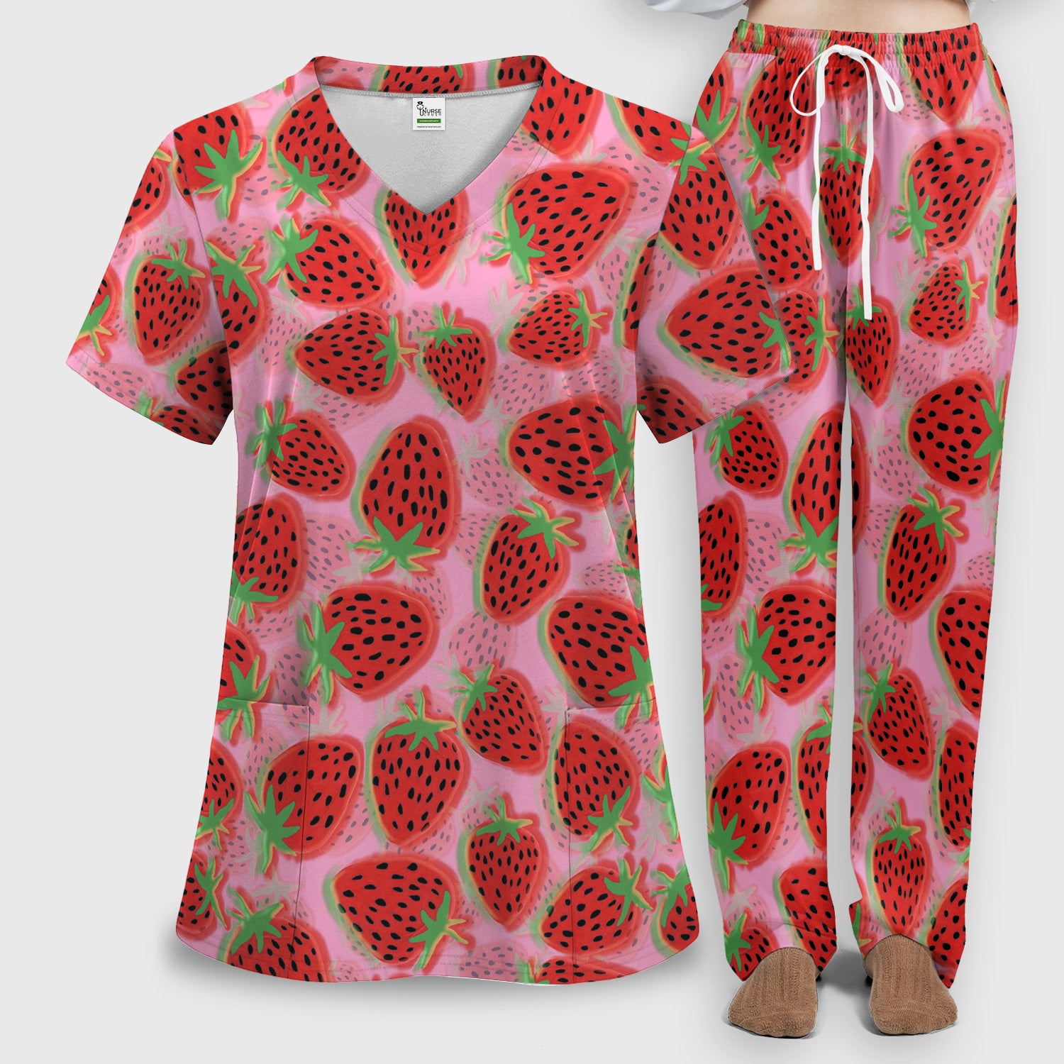Pink Strawberry Pattern Scrub Set, Scrub Pants and V Neck Top